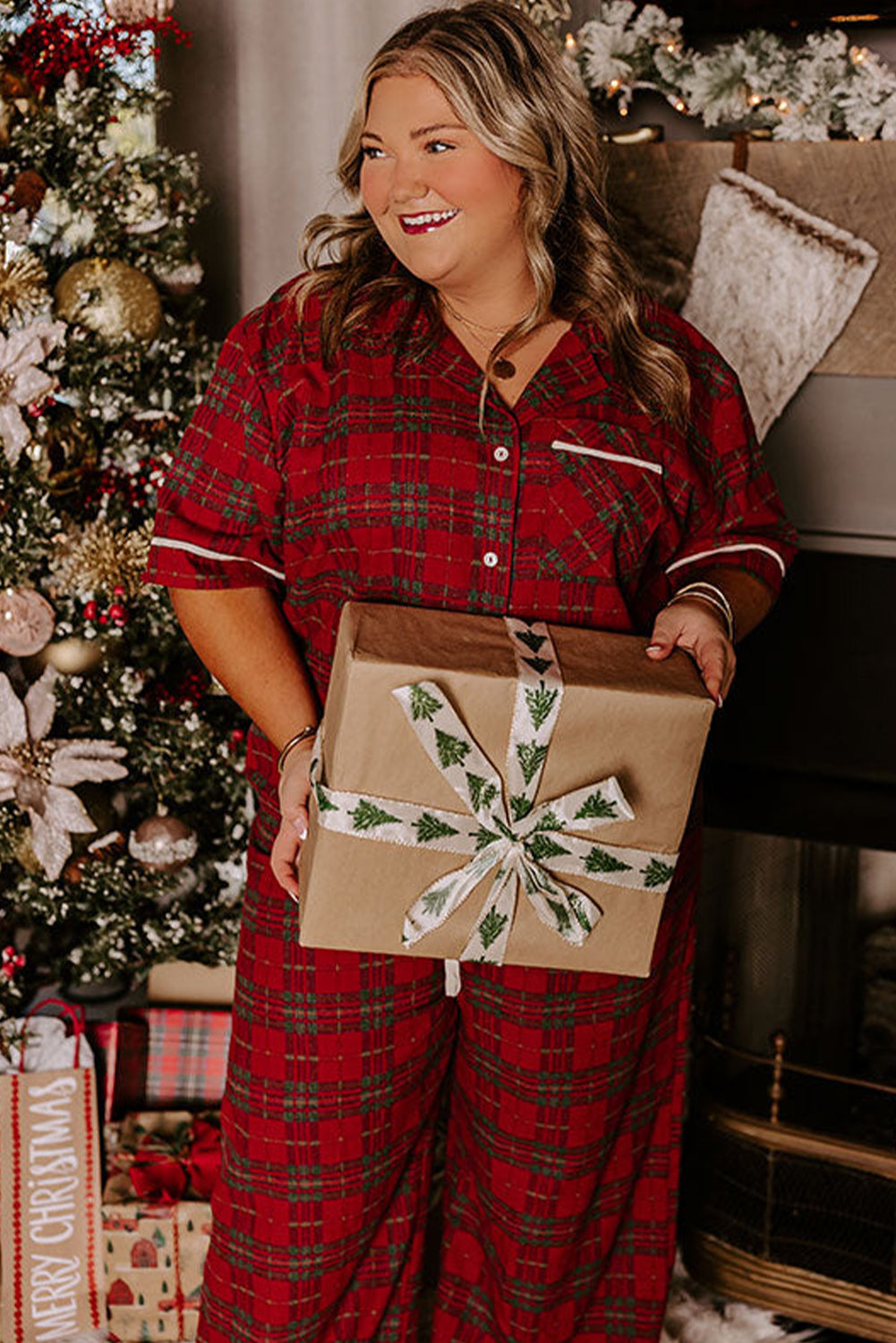 Red Plus Size Plaid Short Sleeve Shirt Loose Pants 2pcs Pajama Set-Plus Size/Plus Size Loungewear-[Adult]-[Female]-2022 Online Blue Zone Planet