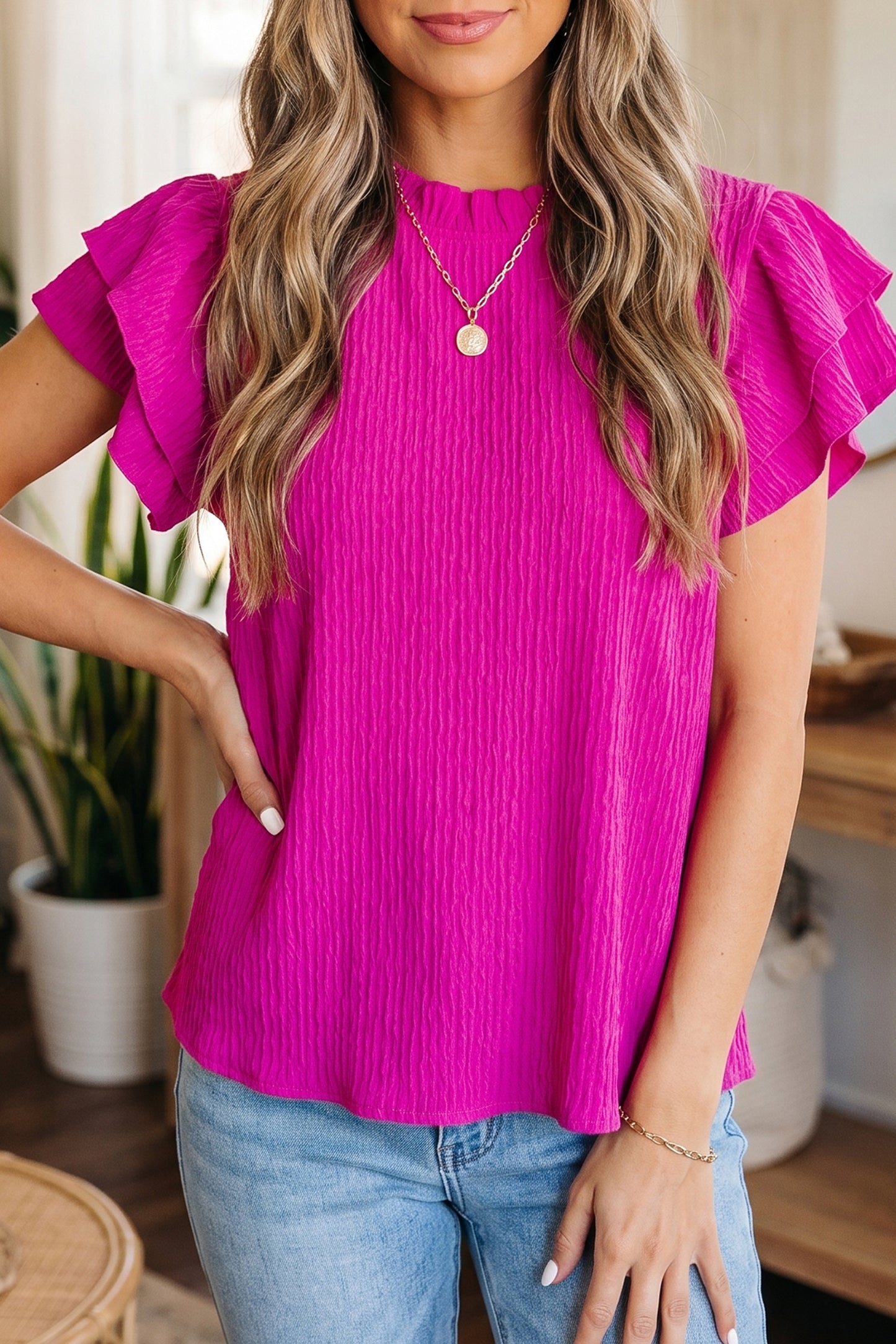 White Solid Color Textured Ruffle Trim Short Sleeve Blouse-Tops/Blouses & Shirts-[Adult]-[Female]-Rose Red-S-2022 Online Blue Zone Planet