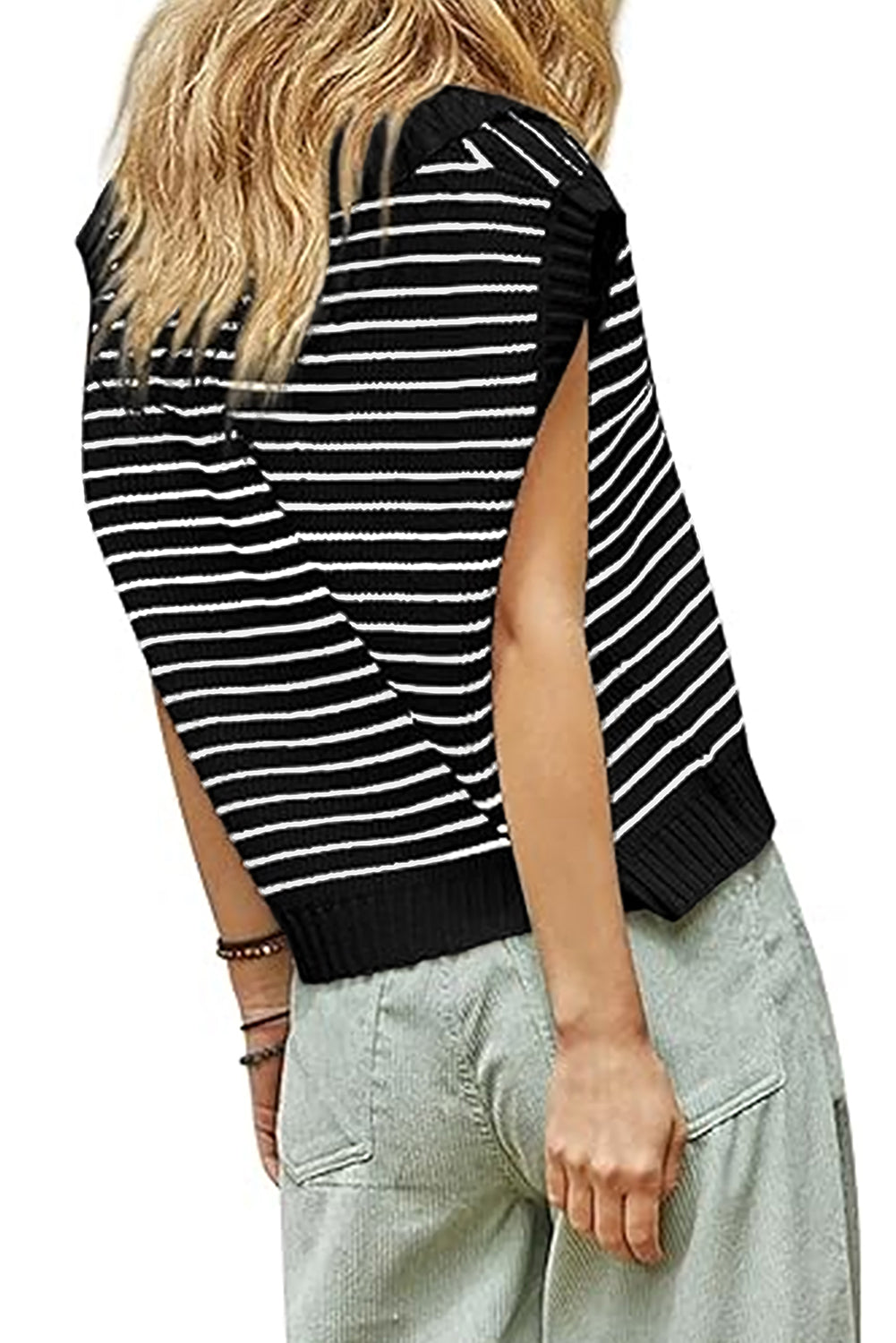 Beige Stripe Turn-down V Neck Sweater Tank Top-Sweaters & Cardigans/Sweater Vests-[Adult]-[Female]-2022 Online Blue Zone Planet