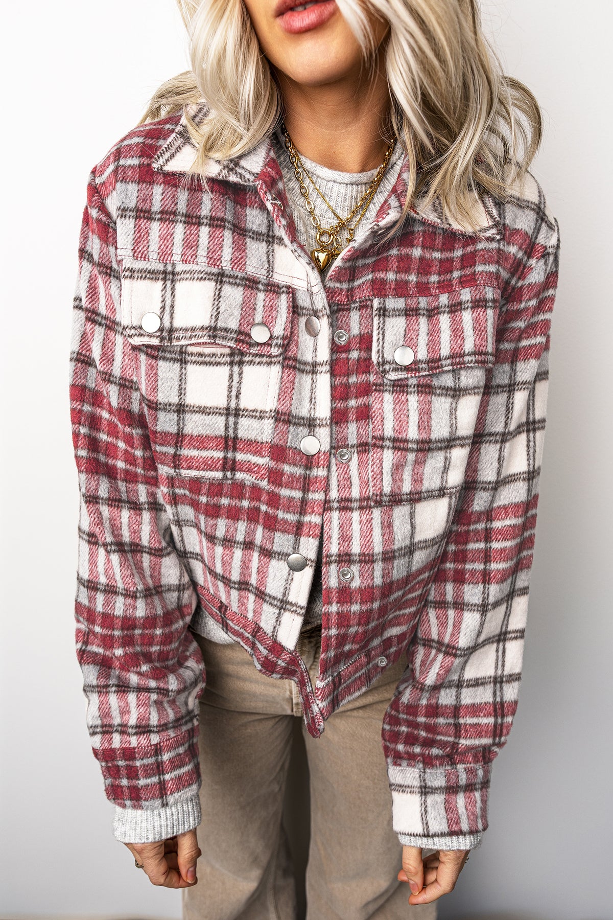 Red Plaid Flannel Metal Button Collar Long Sleeve Vintage Shift Jacket-Outerwear/Jackets-[Adult]-[Female]-2022 Online Blue Zone Planet
