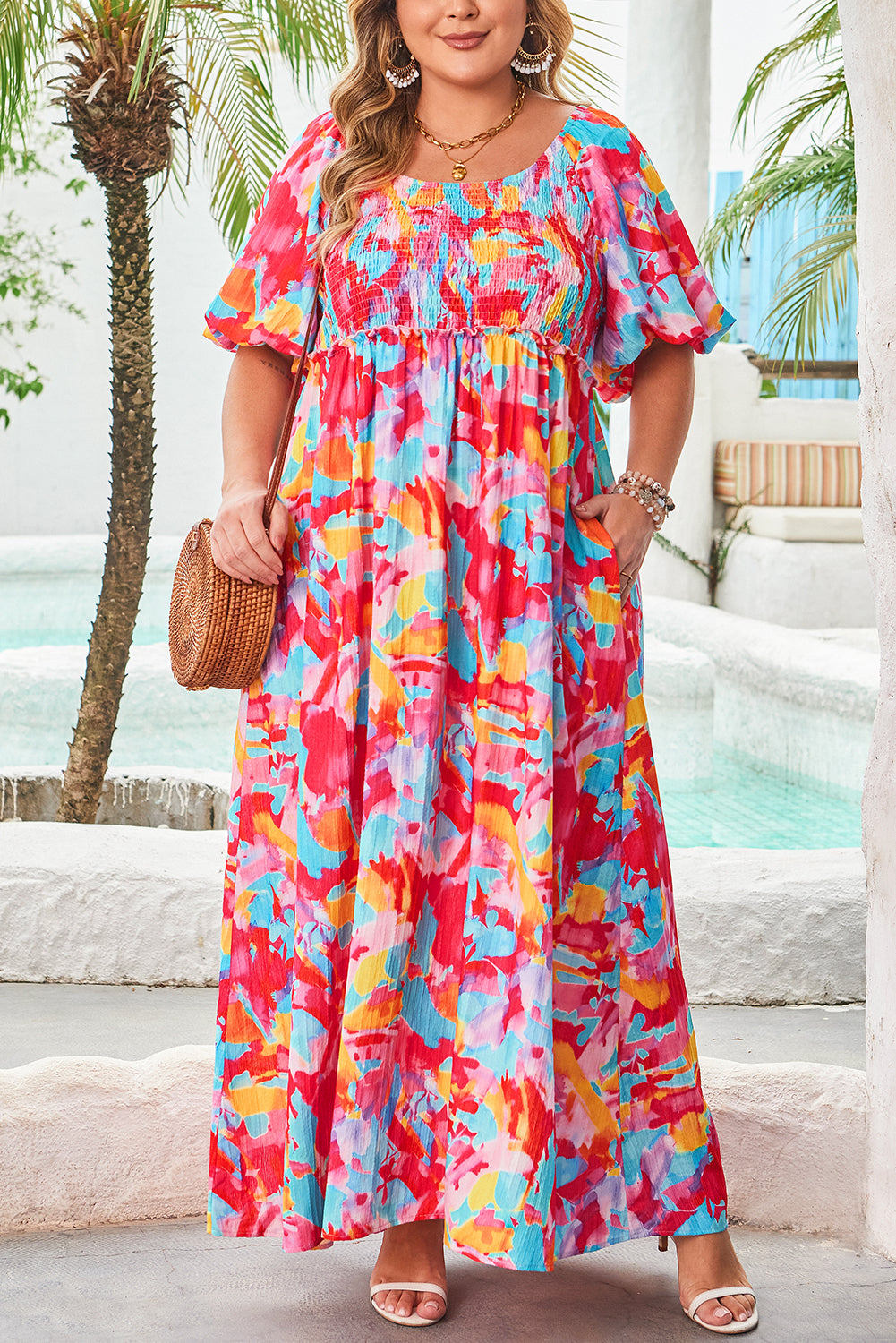 Rose Abstract Printed Puff Sleeve Square Neck Smocked Bust Tied Back Plus Size Dress-TOPS / DRESSES-[Adult]-[Female]-2022 Online Blue Zone Planet