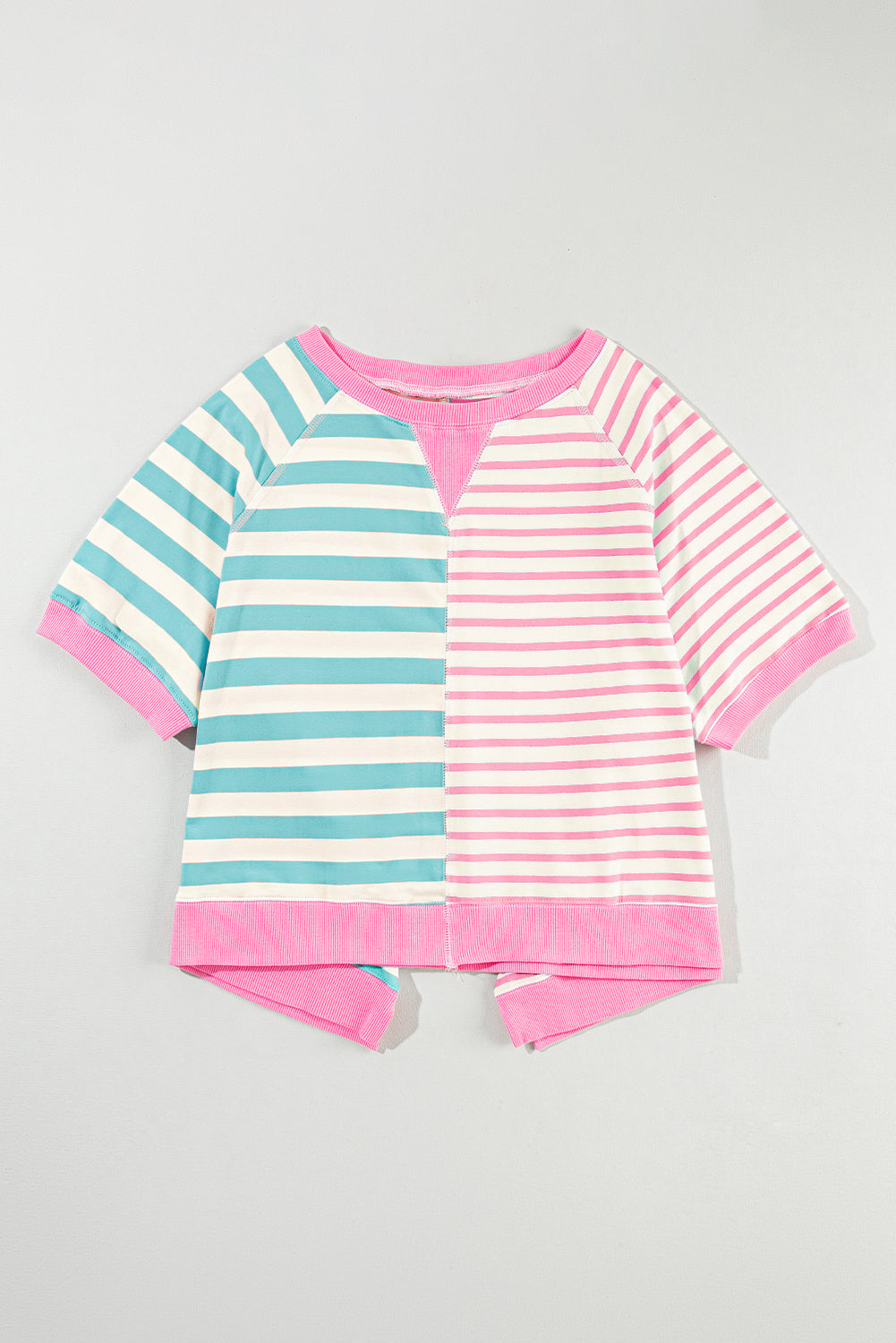 Pink Stripe Contrast Patchwork Oversized T Shirt-Tops/Tops & Tees-[Adult]-[Female]-2022 Online Blue Zone Planet