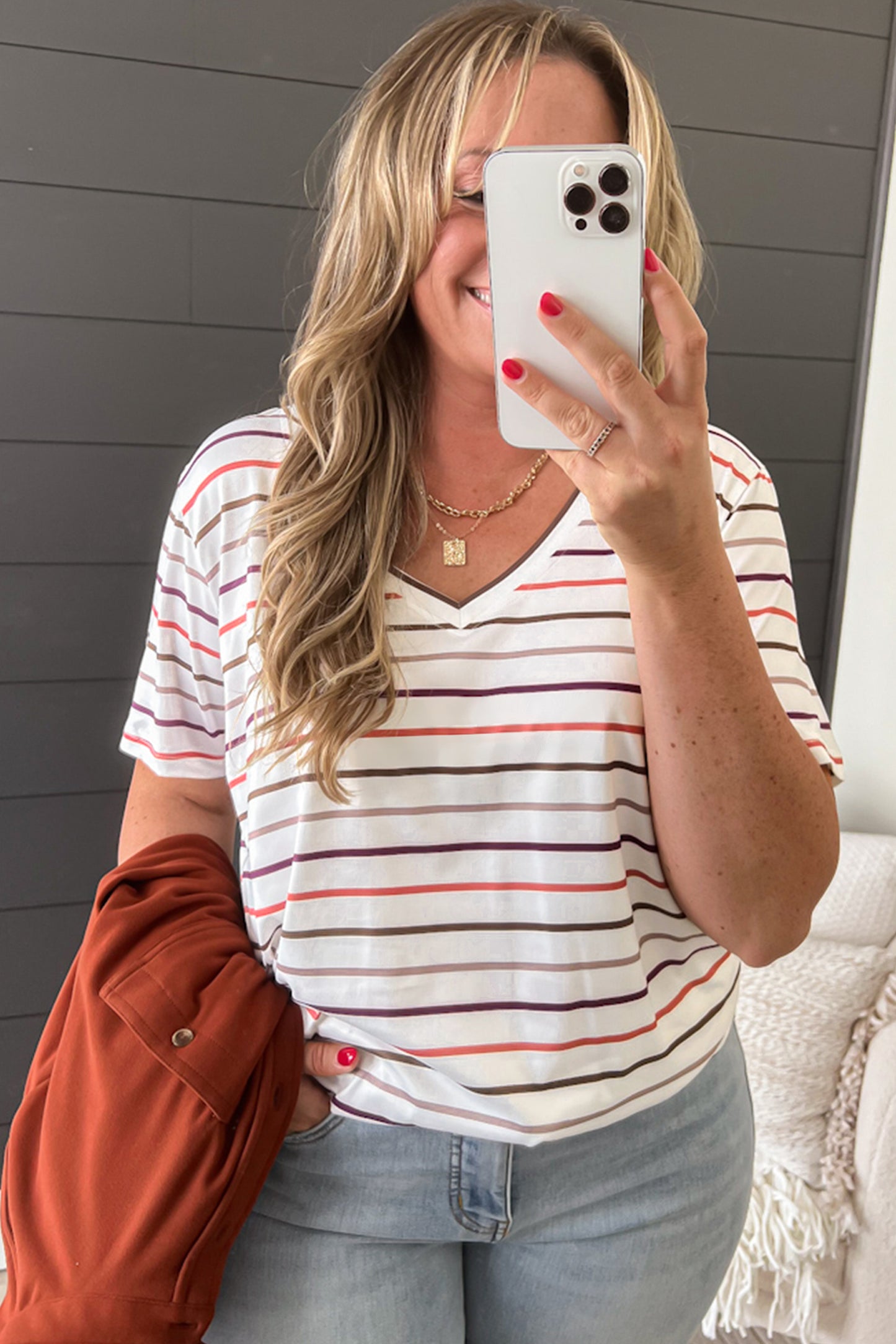 White Stripe V Neck Casual Plus Size Tee-Plus Size/Plus Size Tops/Plus Size Tops & Tees-[Adult]-[Female]-2022 Online Blue Zone Planet