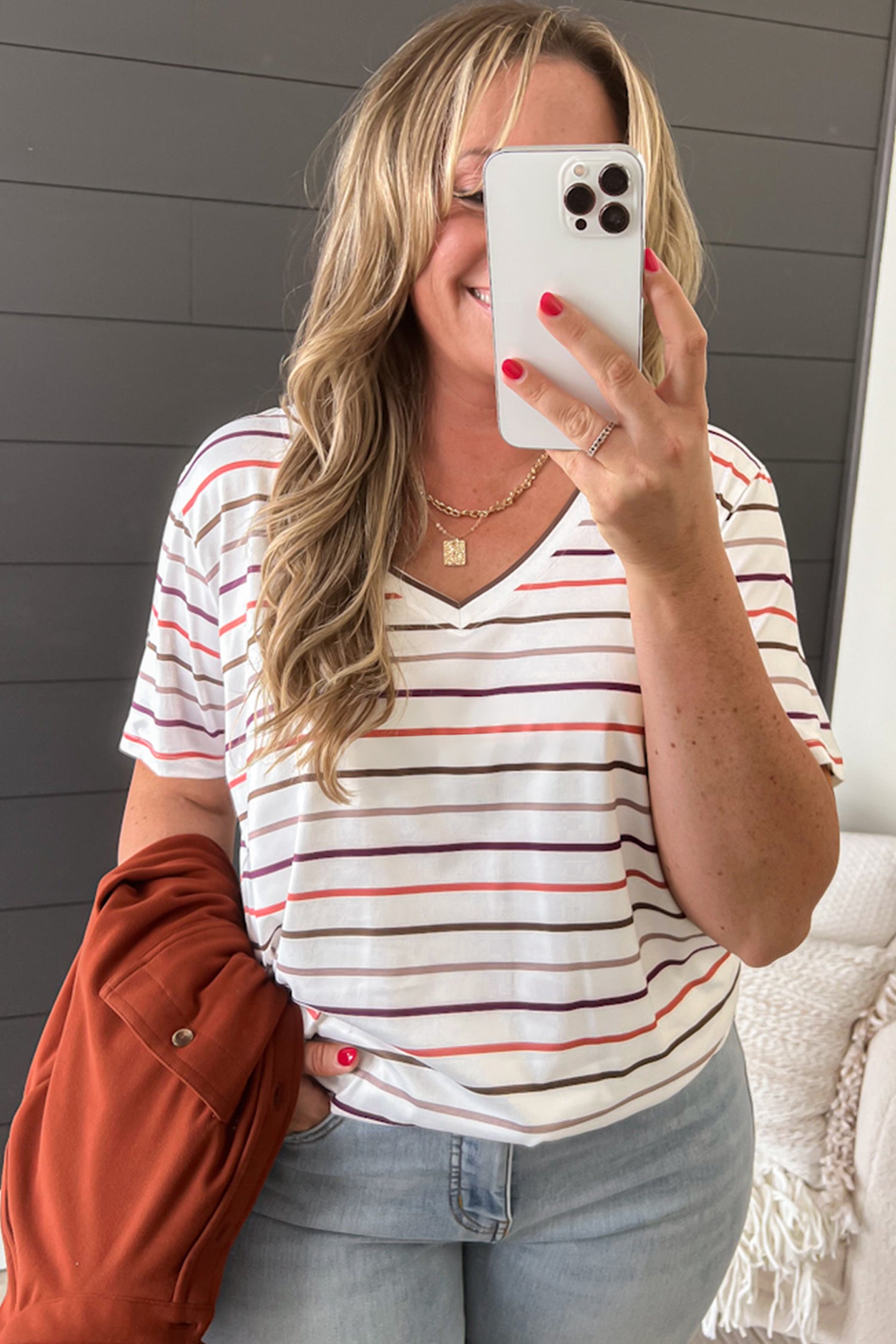 White Stripe V Neck Casual Plus Size Tee-Plus Size/Plus Size Tops/Plus Size Tops & Tees-[Adult]-[Female]-2022 Online Blue Zone Planet