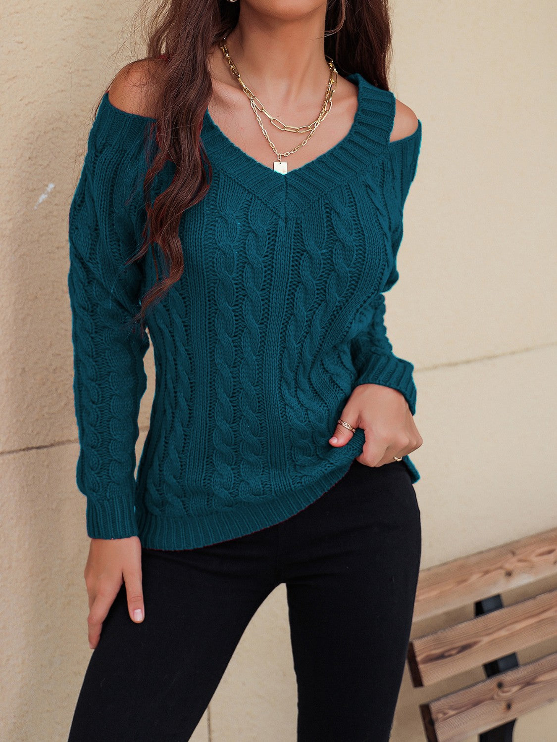 Honey Cable-Knit V-Neck Cold Shoulder Sweater-TOPS / DRESSES-[Adult]-[Female]-2022 Online Blue Zone Planet