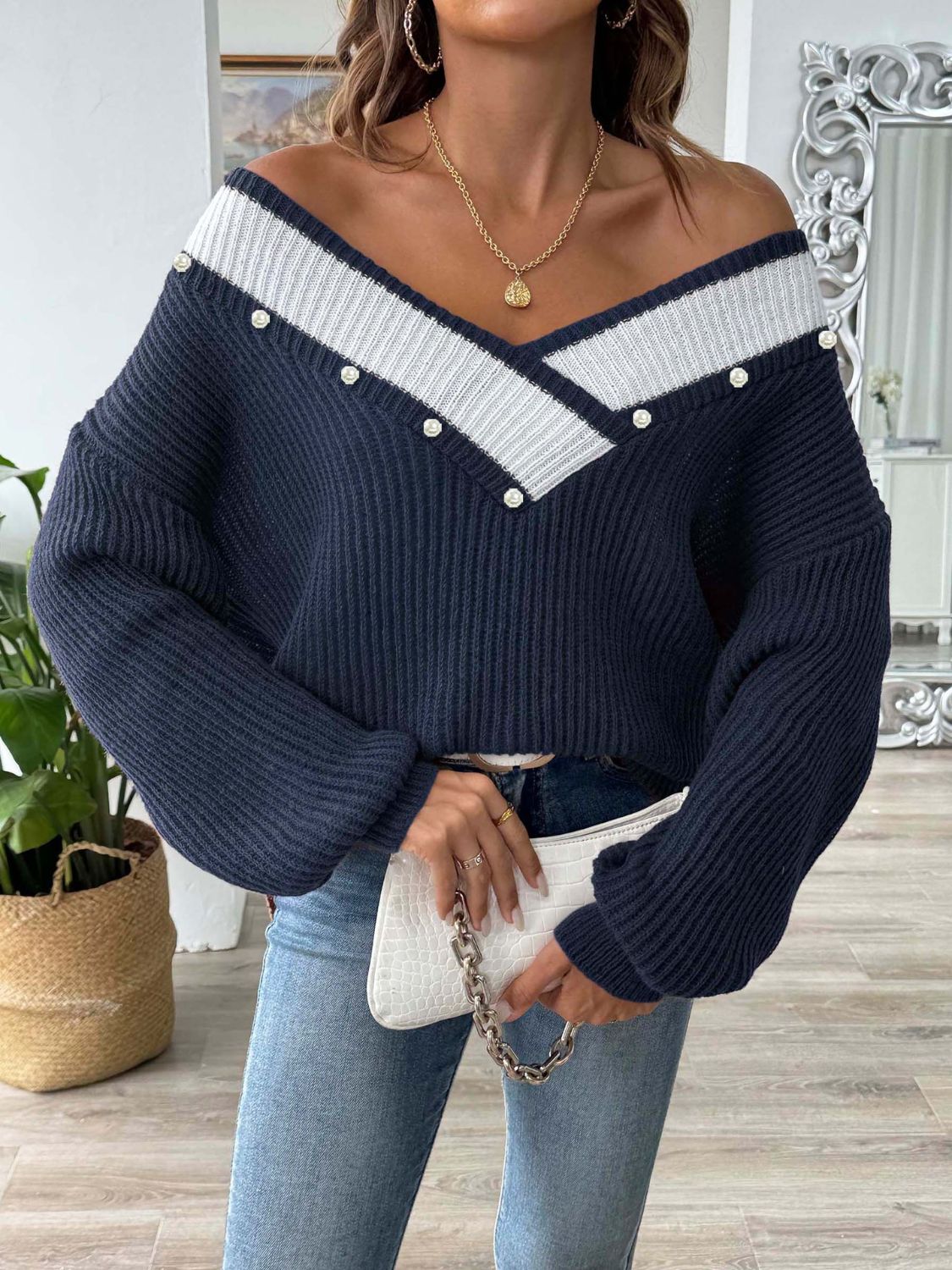 Contrast Trim Dropped Shoulder Long Sleeve Sweater-TOPS / DRESSES-[Adult]-[Female]-2022 Online Blue Zone Planet