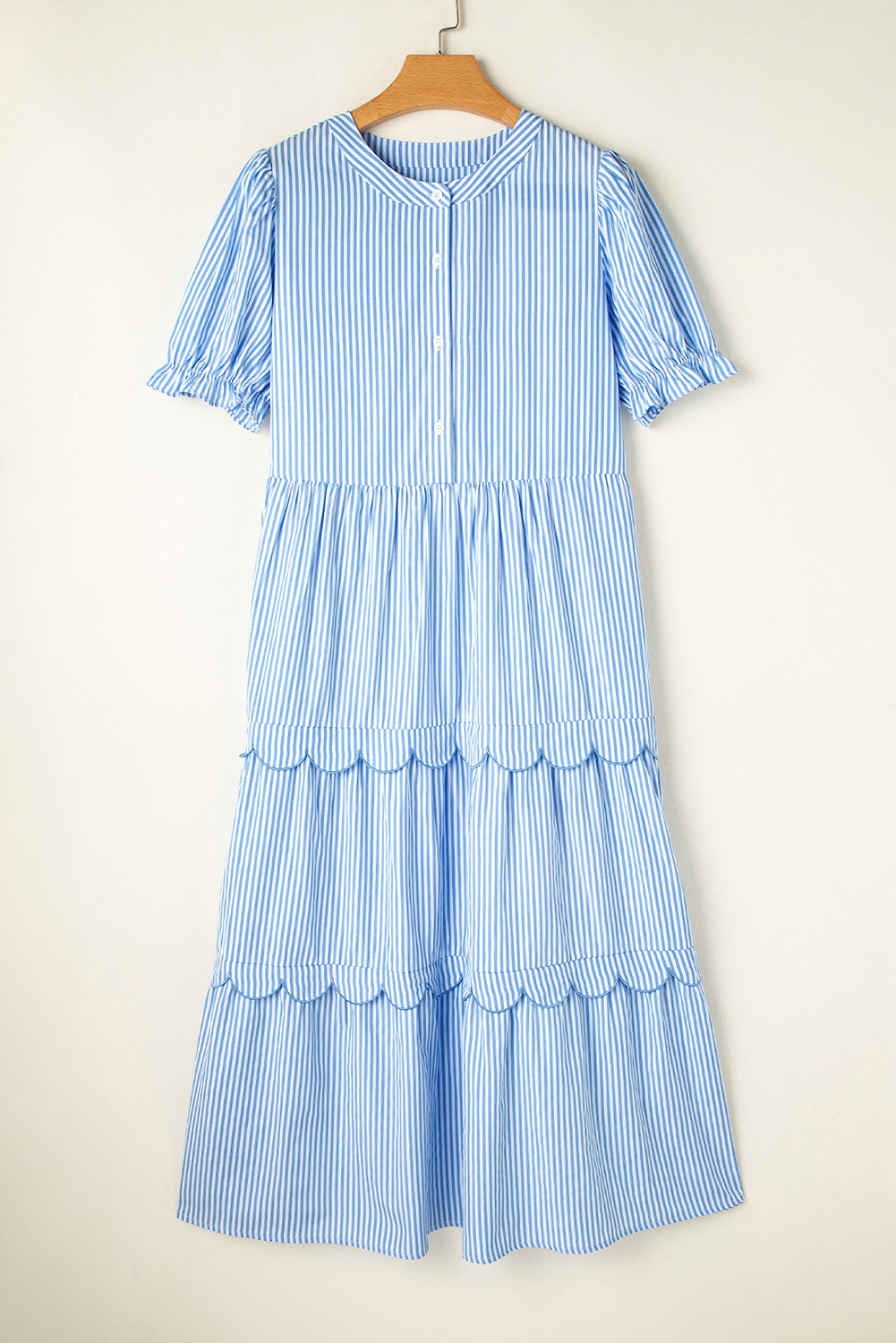 Sky Blue Stripe Bubble Short Sleeve Tiered Scallop Long Dress-Dresses/Maxi Dresses-[Adult]-[Female]-2022 Online Blue Zone Planet