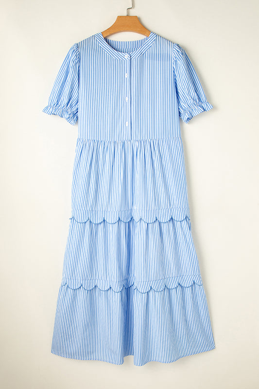 Sky Blue Stripe Bubble Short Sleeve Tiered Scallop Long Dress-Dresses/Maxi Dresses-[Adult]-[Female]-2022 Online Blue Zone Planet