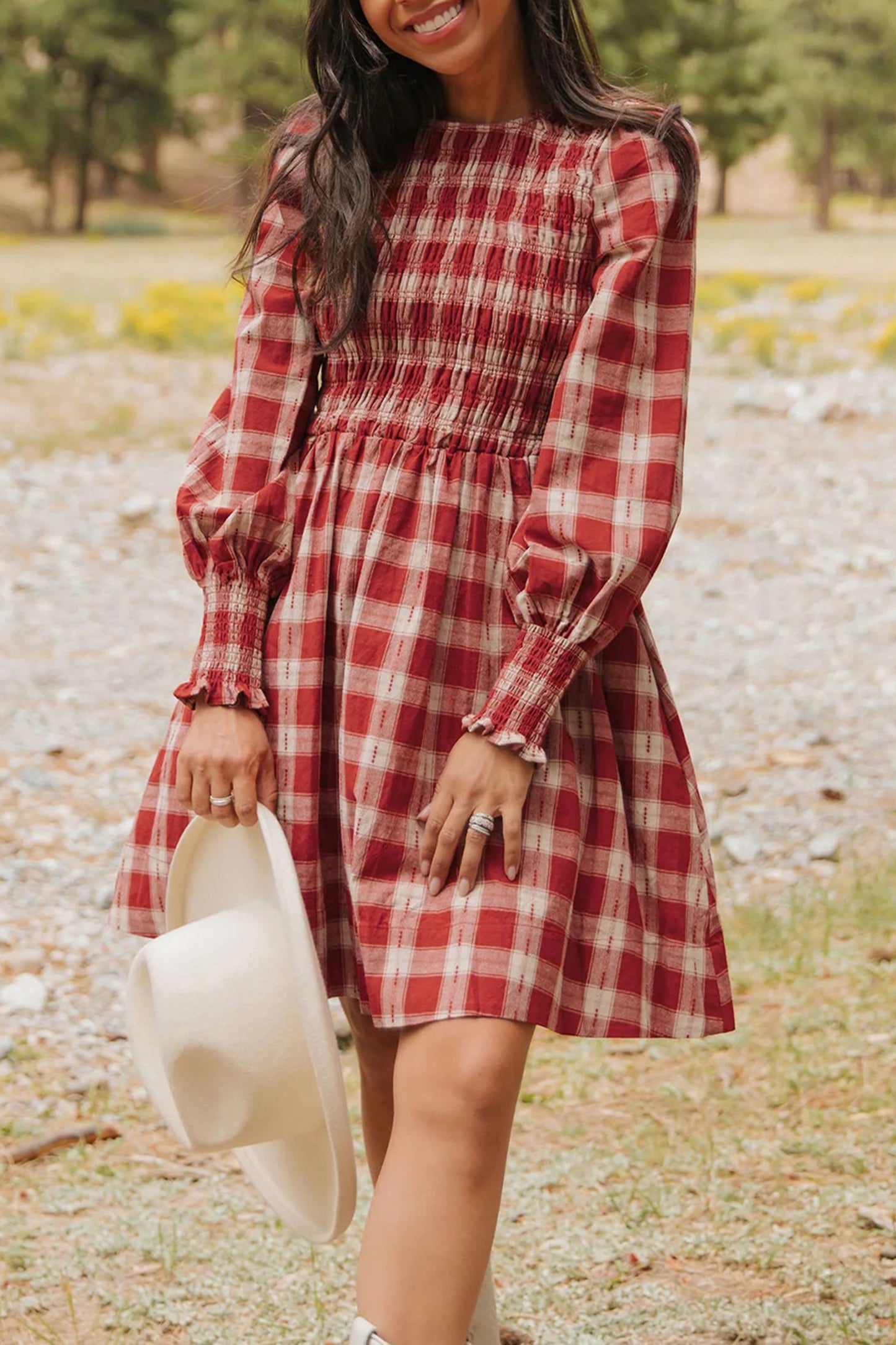 Red Plaid Print Smocked Puff Sleeve Mini Dress-TOPS / DRESSES-[Adult]-[Female]-Red-S-2022 Online Blue Zone Planet