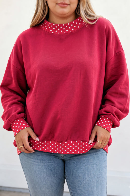 Red Dahlia Polka Dot Patchwork Round Neck Plus Size Sweatshirt-Plus Size/Plus Size Sweatshirts & Hoodies-[Adult]-[Female]-Red Dahlia-1X-2022 Online Blue Zone Planet