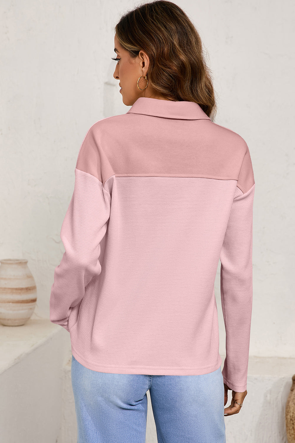 Red Dahlia Solid Color Long Sleeve Thermal Knit Polo Collar Patchwork Top-Tops/Long Sleeve Tops-[Adult]-[Female]-2022 Online Blue Zone Planet