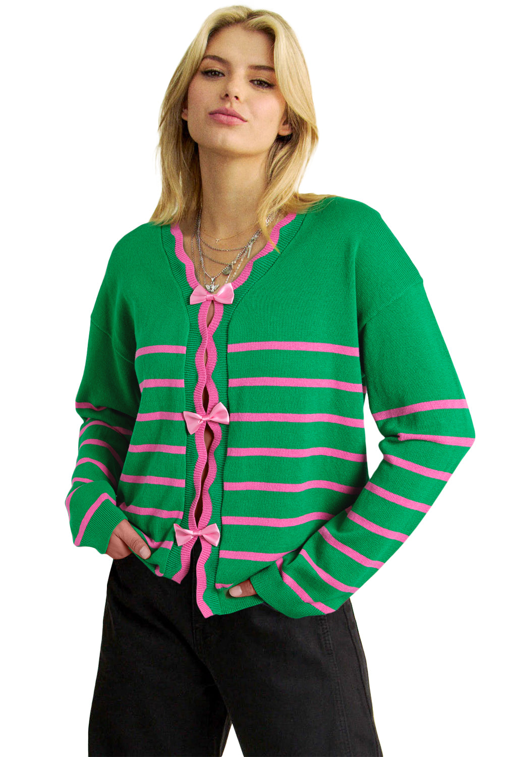 Blue Zone Planet | Green Stripe Ribbon Cute Bow Detail Sweater Knit Cardigan-Sweaters & Cardigans/Cardigans-[Adult]-[Female]-2022 Online Blue Zone Planet