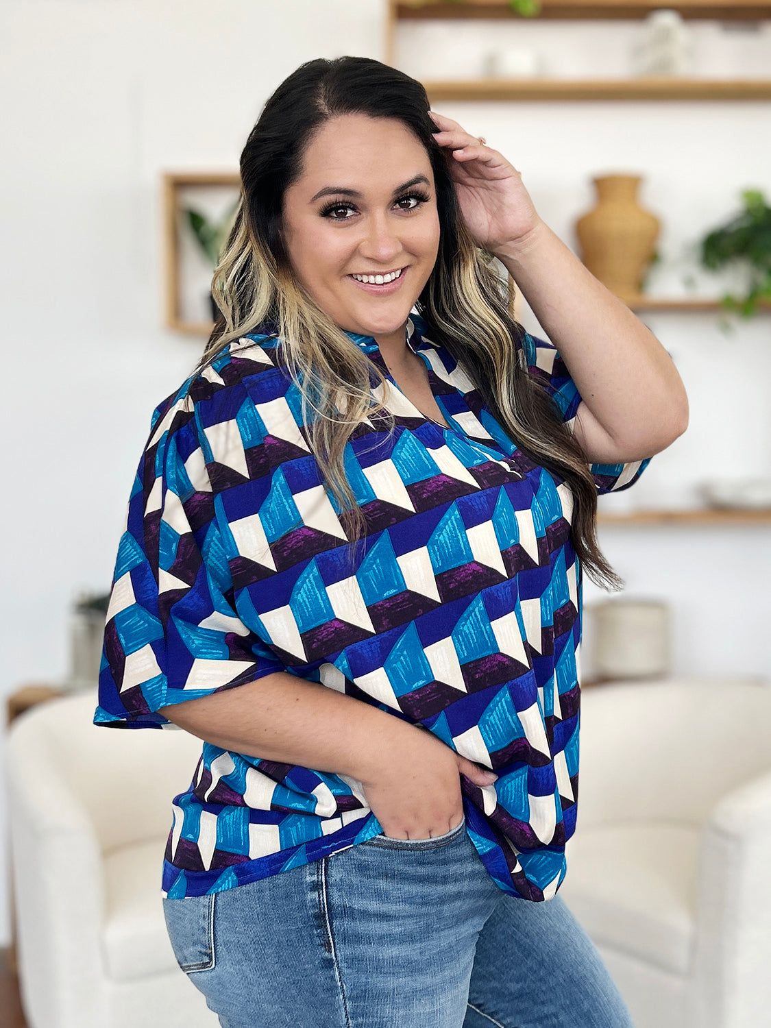 Double Take Full Size Geometric Notched Half Sleeve Blouse-TOPS / DRESSES-[Adult]-[Female]-2022 Online Blue Zone Planet