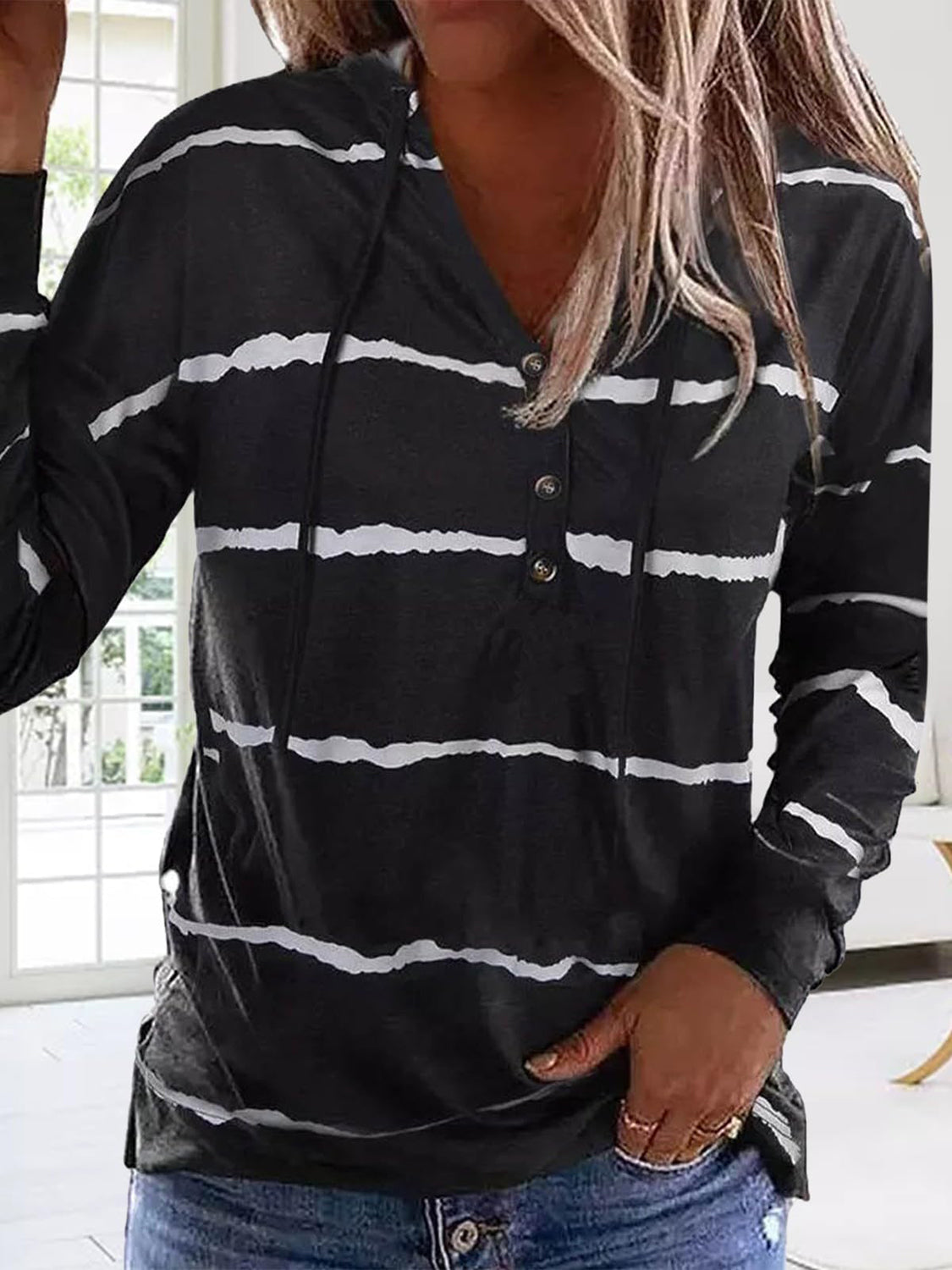 Drawstring Striped Long Sleeve Hoodie-TOPS / DRESSES-[Adult]-[Female]-Black-S-2022 Online Blue Zone Planet