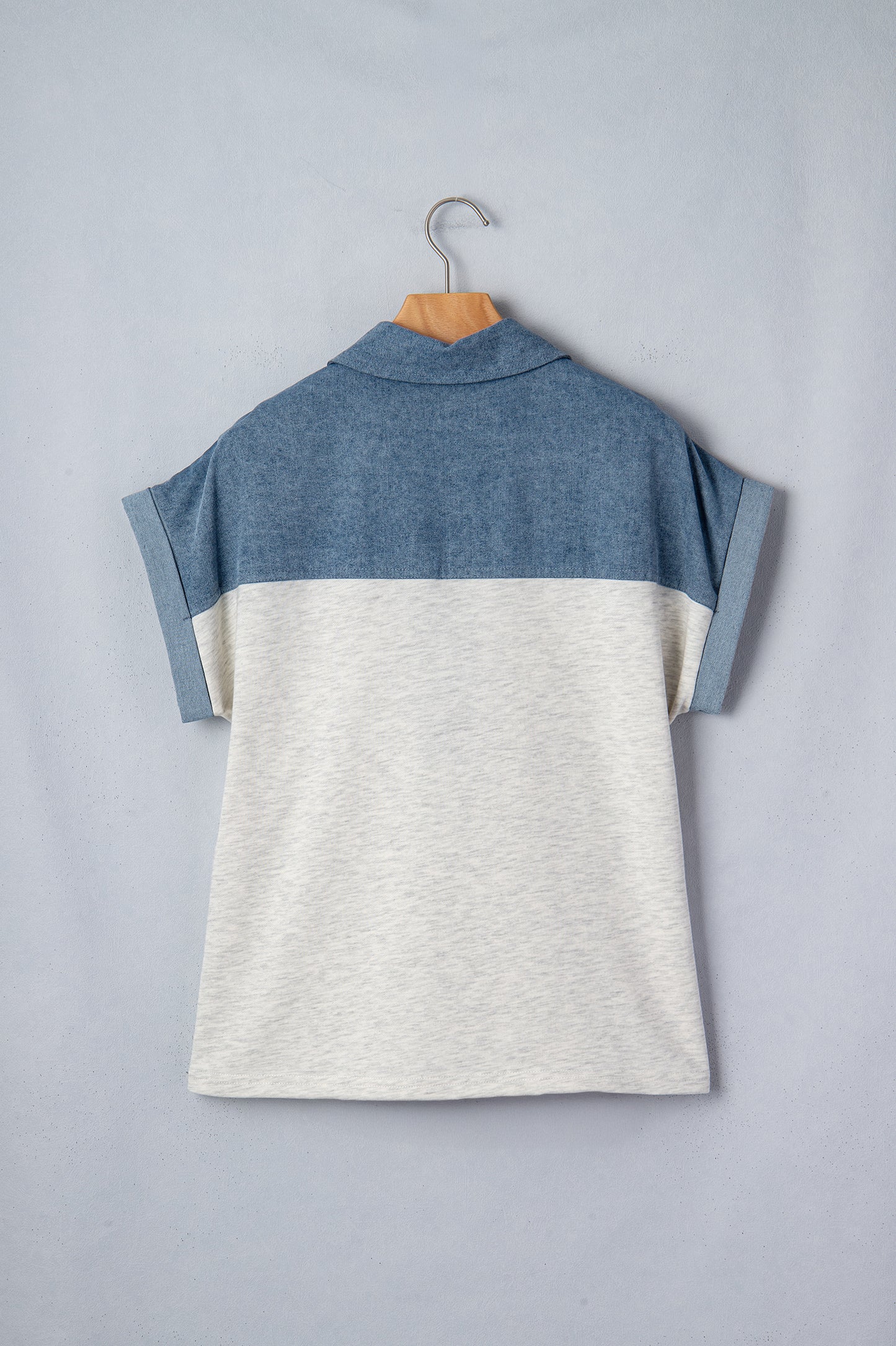 Light Grey Color Block Denim Patchwork Button Polo Collar Short Sleeve Top-Tops/Blouses & Shirts-[Adult]-[Female]-2022 Online Blue Zone Planet