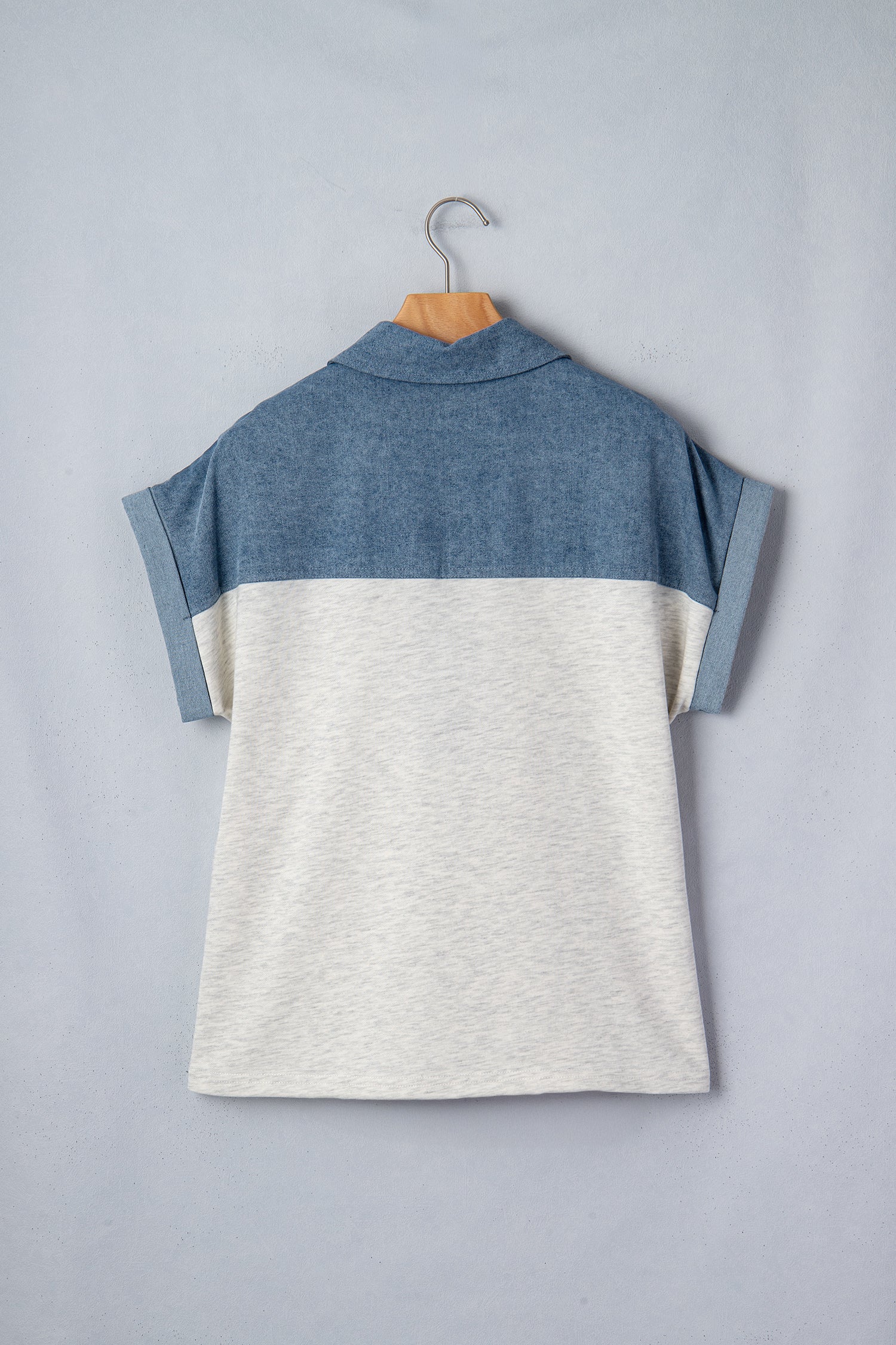 Light Grey Color Block Denim Patchwork Button Polo Collar Short Sleeve Top-Tops/Blouses & Shirts-[Adult]-[Female]-2022 Online Blue Zone Planet