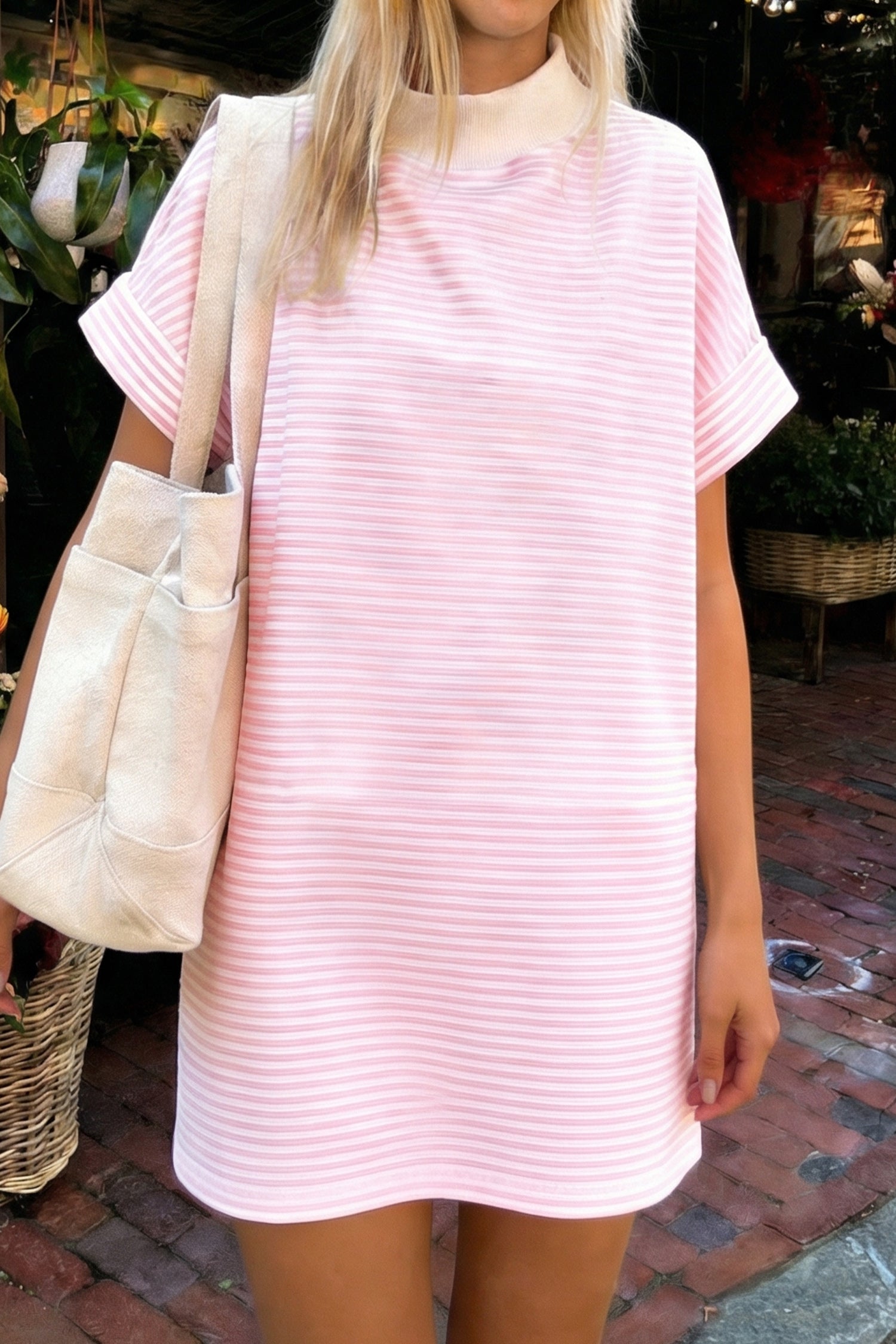 Pink Stripe Cuffed Short Sleeve Contrast Mock Neck Tee Dress-TOPS / DRESSES-[Adult]-[Female]-Pink Stripe-S-2022 Online Blue Zone Planet