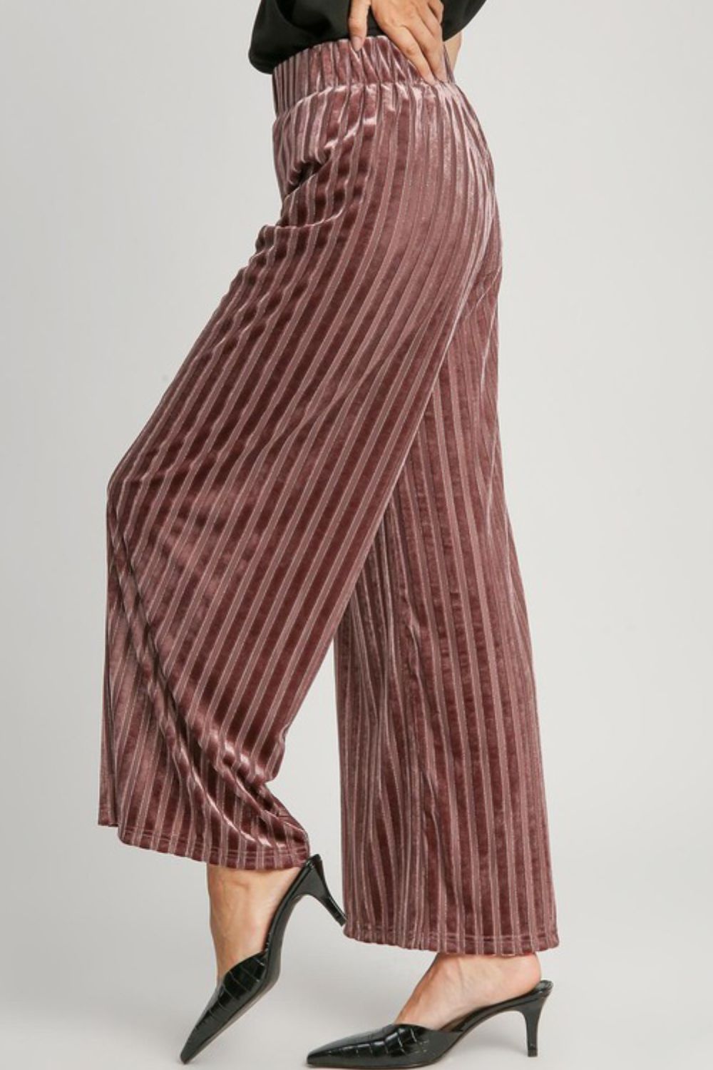 Blue Zone Planet | Umgee Full Size Elastic Waist Striped Wide Leg Velvet Pants-BOTTOMS SIZES SMALL MEDIUM LARGE-[Adult]-[Female]-2022 Online Blue Zone Planet