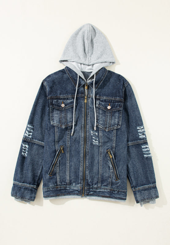 Fake Two-Piece Hooded Zip-Up Denim Jacket-TOPS / DRESSES-[Adult]-[Female]-2022 Online Blue Zone Planet