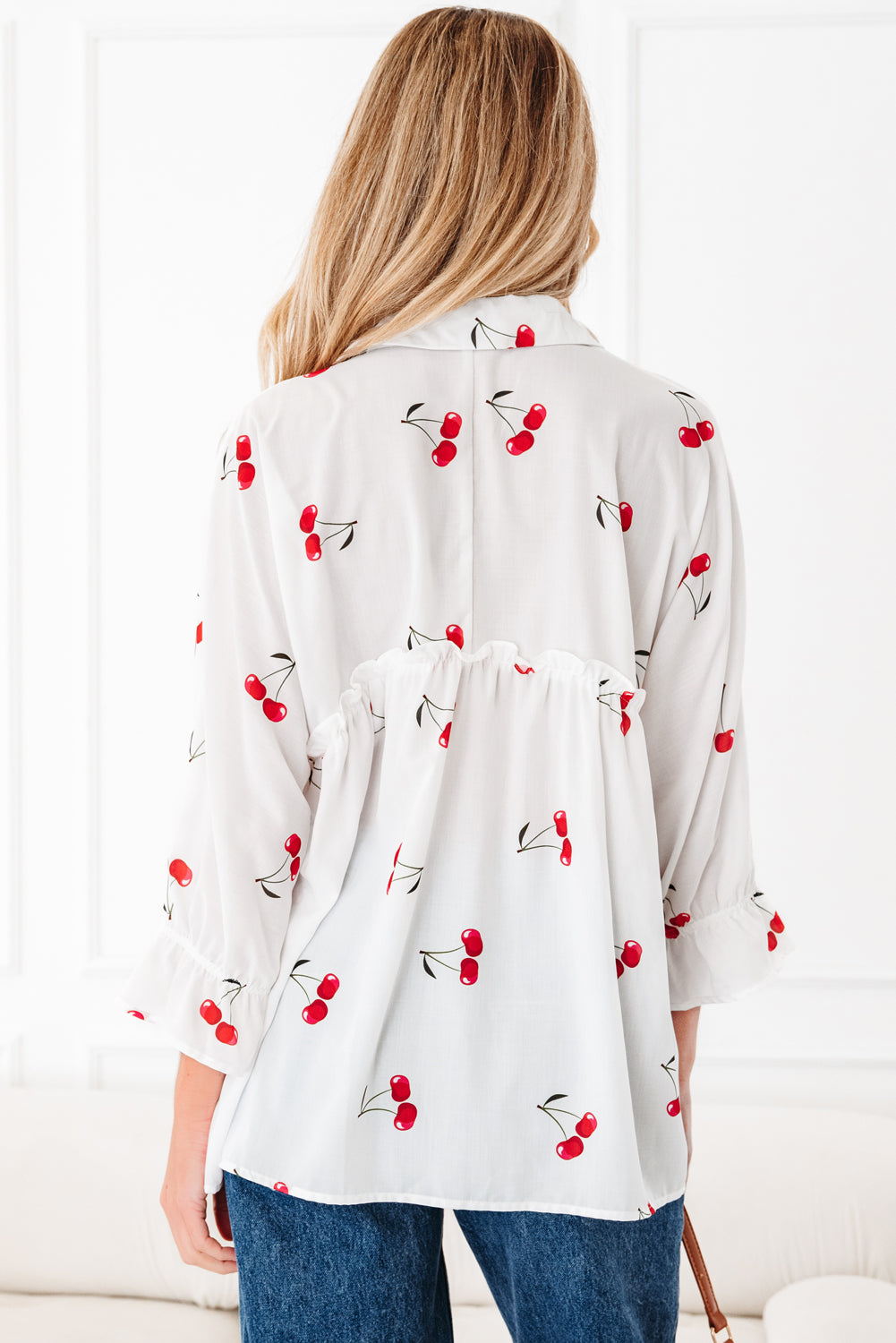 White Cherry Print Flounce Sleeve Collared Frilled Babydoll Blouse-Tops/Blouses & Shirts-[Adult]-[Female]-2022 Online Blue Zone Planet