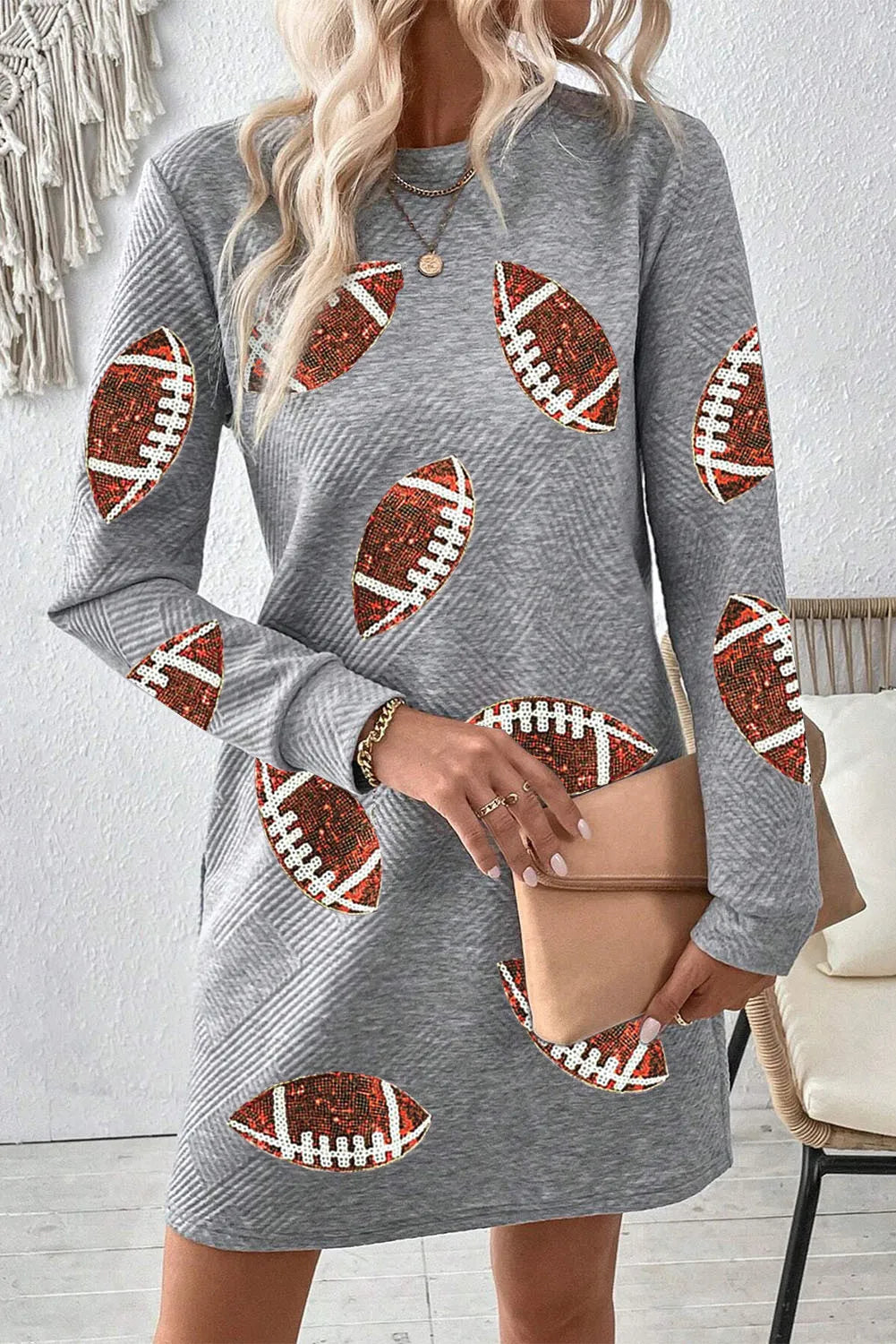 Sequin Football Long Sleeve Mini Dress-TOPS / DRESSES-[Adult]-[Female]-2022 Online Blue Zone Planet