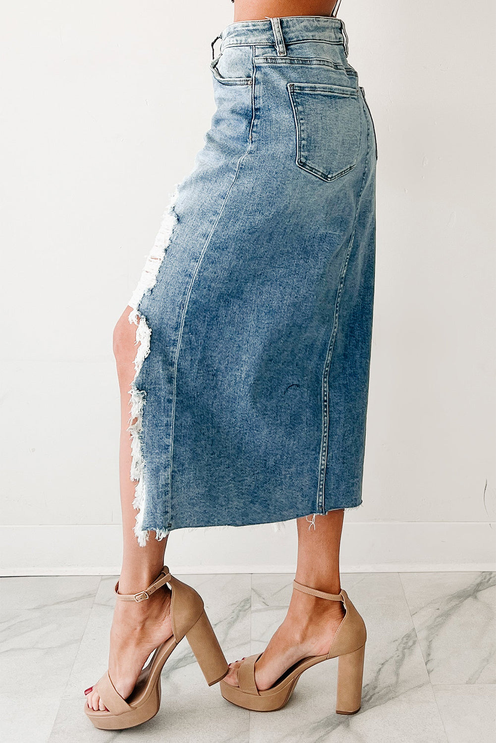 Myosotis Irregular Distressed Bottom Denim Midi Skirt-Bottoms/Skirts & Petticoat-[Adult]-[Female]-2022 Online Blue Zone Planet