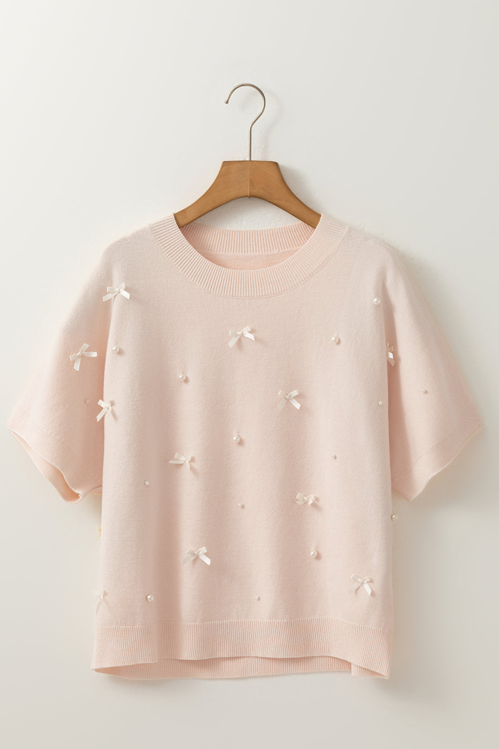 Oatmeal Pearl Bow Embellished Dolman Short Sleeve Sweater-TOPS / DRESSES-[Adult]-[Female]-2022 Online Blue Zone Planet