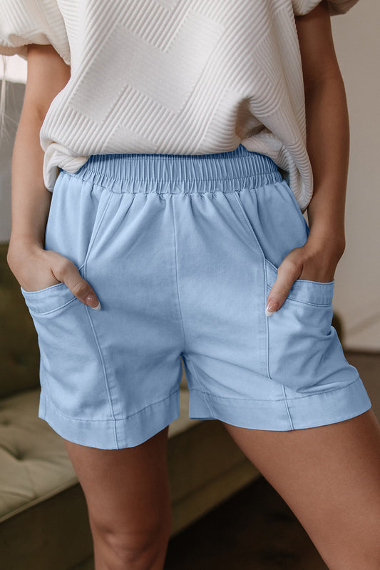 Beau Blue Light Wash Pocketed Wide Leg Denim Shorts-Bottoms/Denim Shorts-[Adult]-[Female]-2022 Online Blue Zone Planet