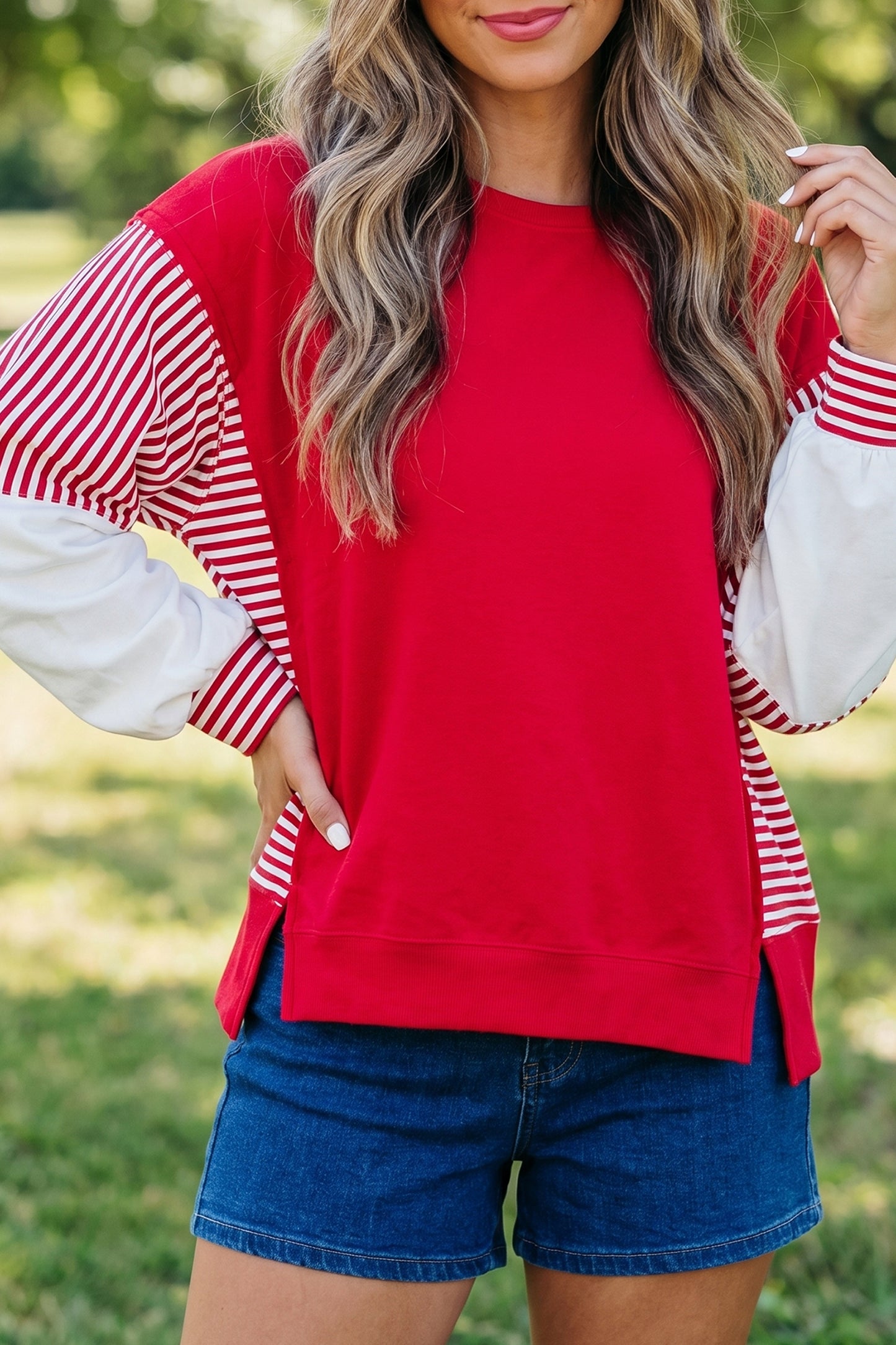 Fiery Red Striped Patchwork Sleeve Colorblock Sweatshirt-Tops/Sweatshirts & Hoodies-[Adult]-[Female]-2022 Online Blue Zone Planet