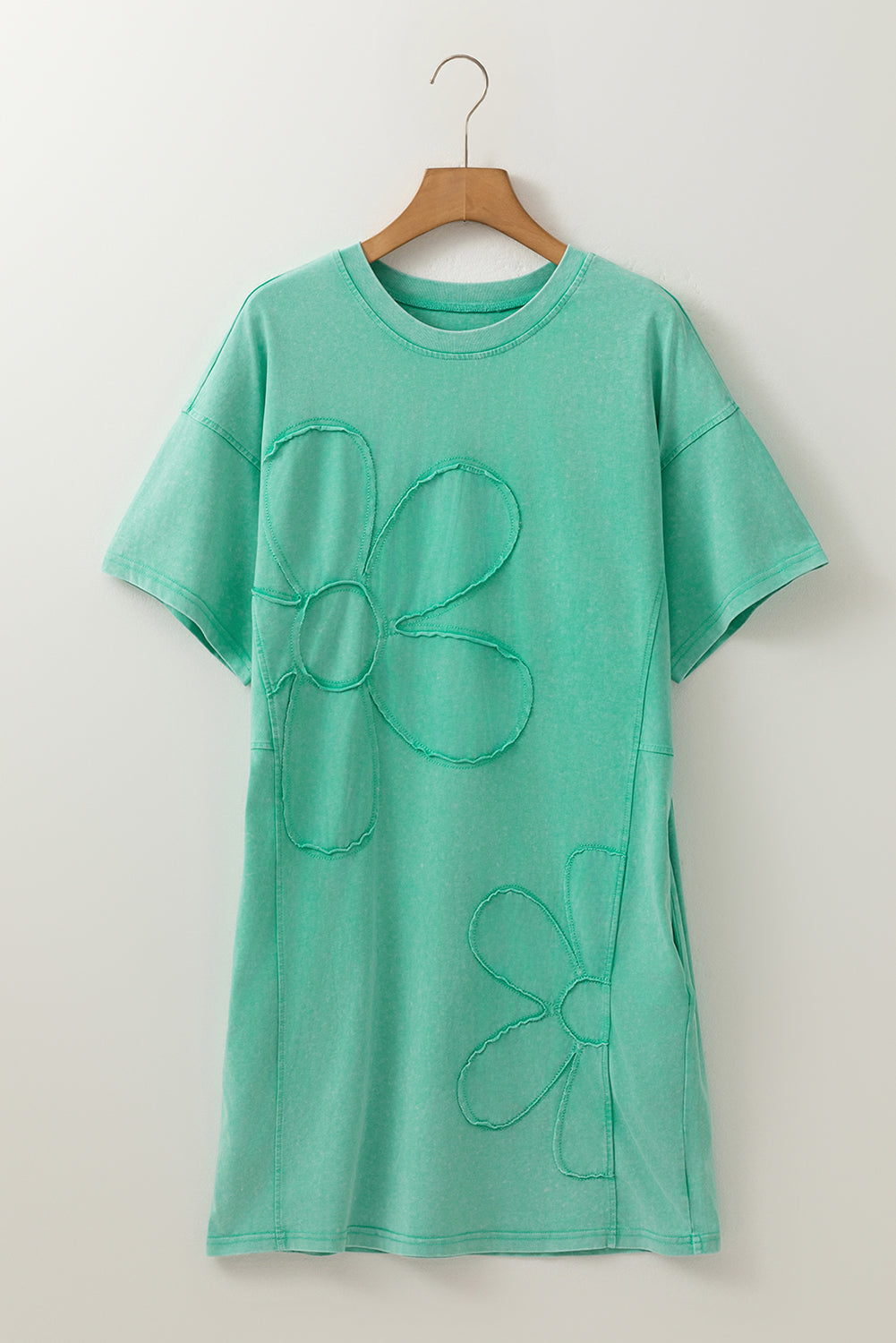Sky Blue Mineral Wash Flower Patchwork Mini T Shirt Dress-TOPS / DRESSES-[Adult]-[Female]-2022 Online Blue Zone Planet