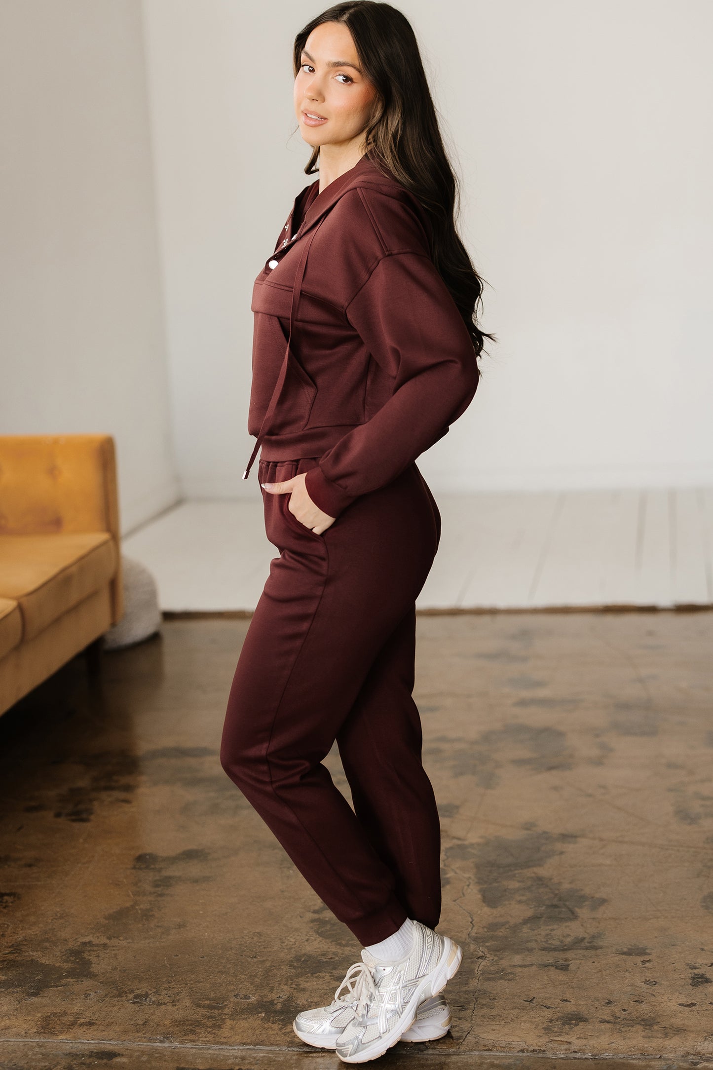 Chicory Coffee Button Drawstring Cropped Hoodie Jogger 2pcs Set-Tops / Dresses-[Adult]-[Female]-2022 Online Blue Zone Planet