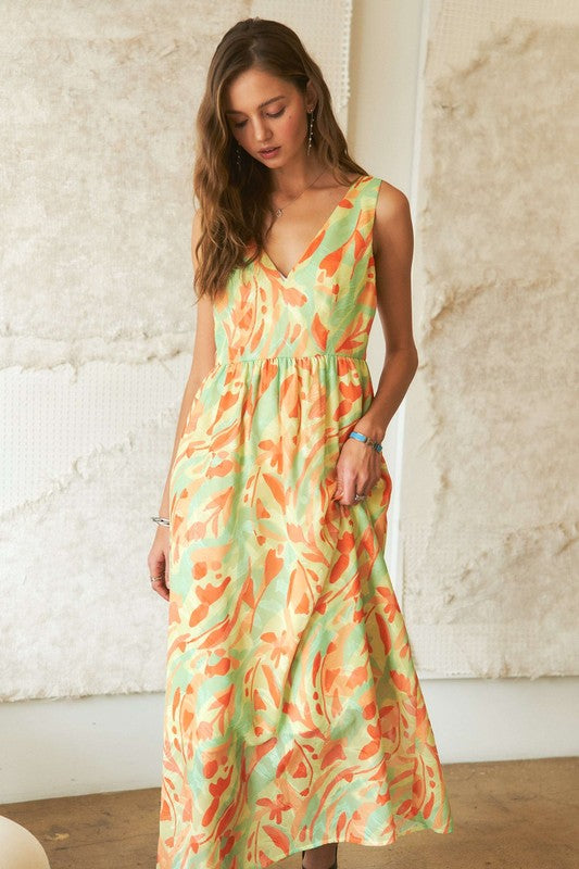 ADORA Abstract Floral V-Neck Maxi Dress-TOPS / DRESSES-[Adult]-[Female]-BLUE CORAL COMBO-S-2022 Online Blue Zone Planet
