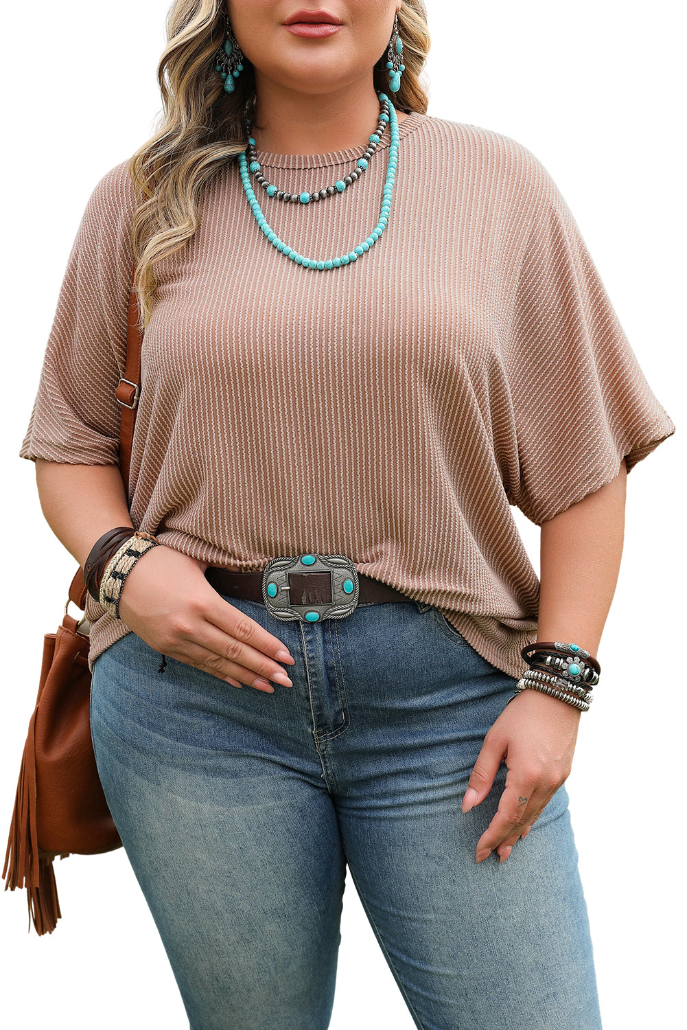 Smoke Gray Ribbed Striped Crew Neck Plus Size Knit T Shirt-Plus Size/Plus Size Tops/Plus Size Tops & Tees-[Adult]-[Female]-2022 Online Blue Zone Planet