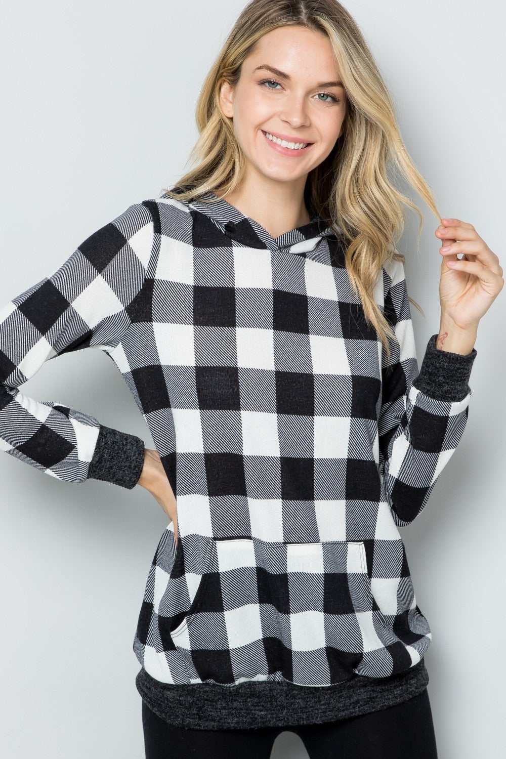 Celeste Full Size Contrast Plaid Long Sleeve Hoodie-TOPS / DRESSES-[Adult]-[Female]-White Plaid-S-2022 Online Blue Zone Planet