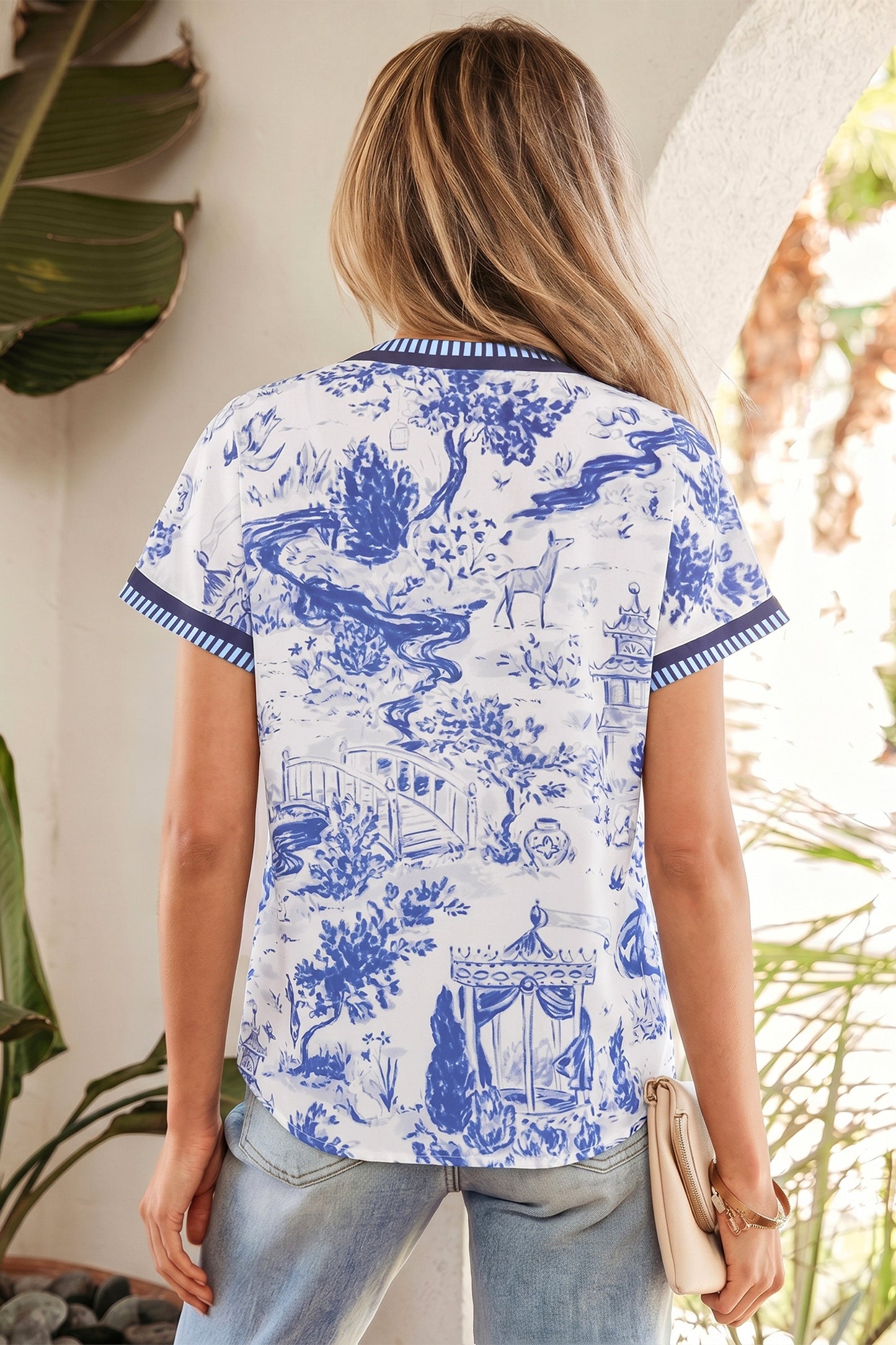 Blue Wild Animal Paradise Striped Trim V Neck Short Sleeve Blouse-Tops/Blouses & Shirts-[Adult]-[Female]-2022 Online Blue Zone Planet