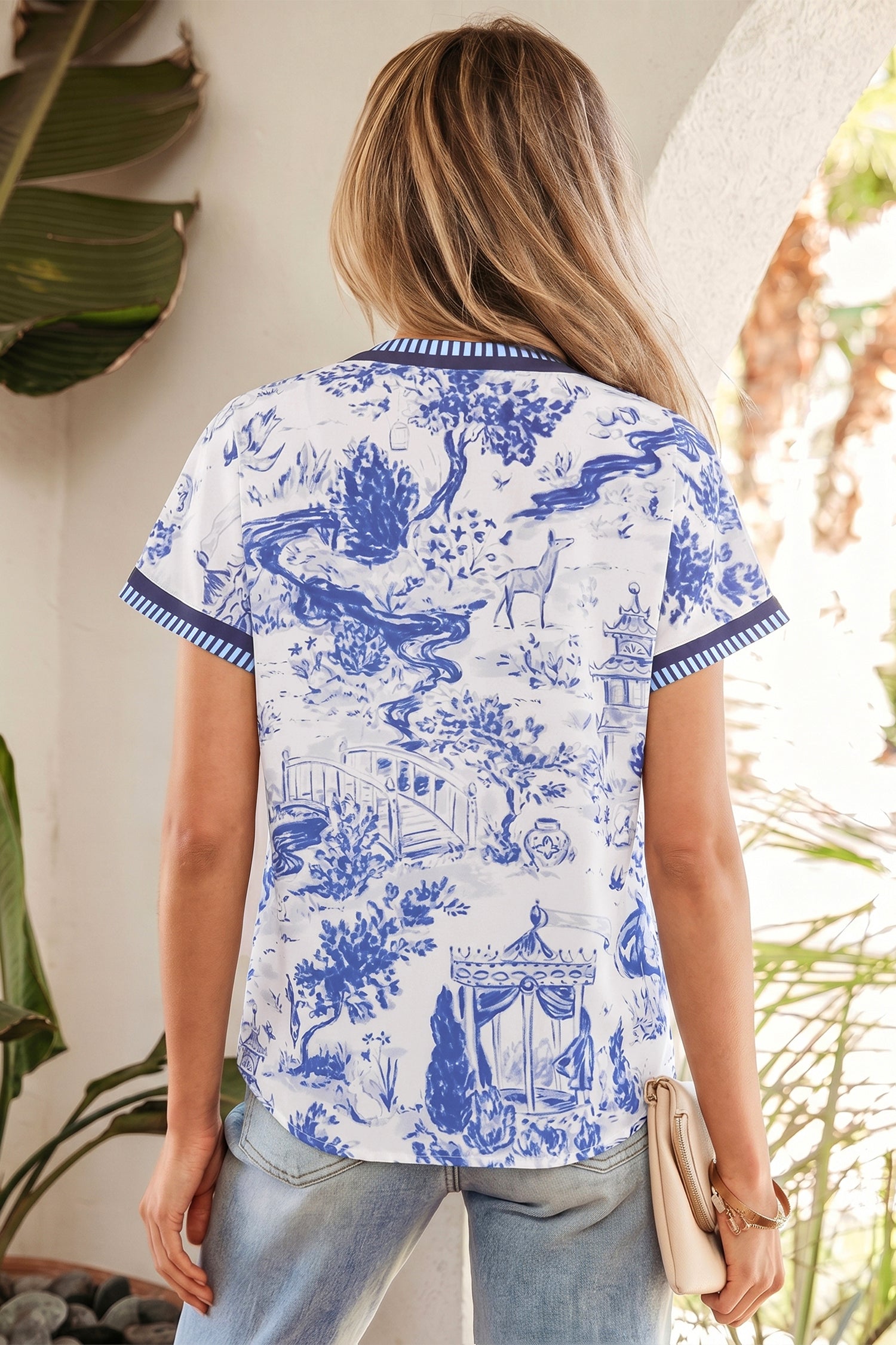 Blue Wild Animal Paradise Striped Trim V Neck Short Sleeve Blouse-Tops/Blouses & Shirts-[Adult]-[Female]-2022 Online Blue Zone Planet