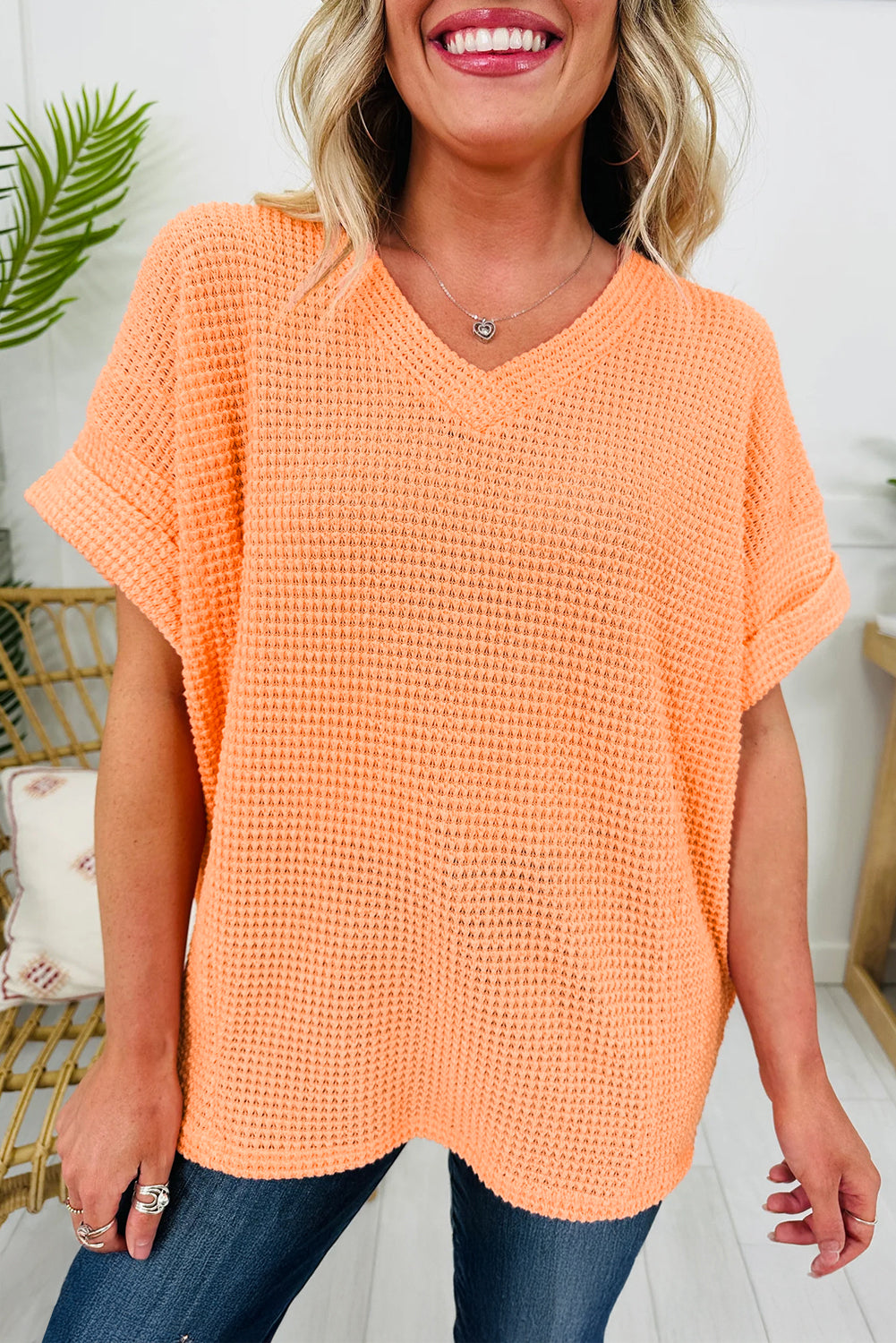 Grapefruit Orange Waffle V Neck Short Sleeve Knit Top-Tops/Tops & Tees-[Adult]-[Female]-Grapefruit Orange-S-2022 Online Blue Zone Planet