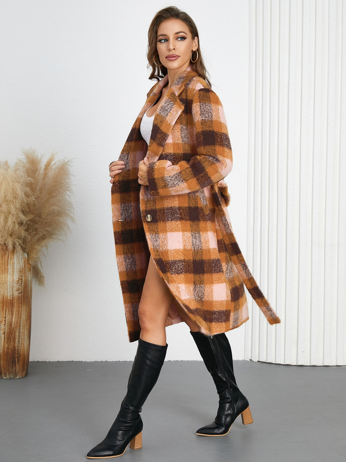 Blue Zone Planet | Tied Plaid Collared Neck Coat-TOPS / DRESSES-[Adult]-[Female]-2022 Online Blue Zone Planet