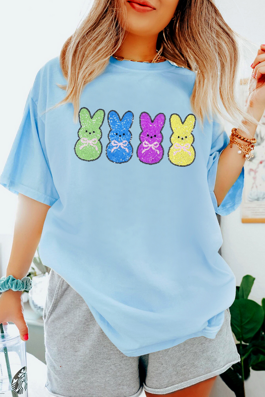 Light Blue Sequin Bunny Doll Graphic Casual T Shirt-Graphic/Graphic Tees-[Adult]-[Female]-Light Blue-S-2022 Online Blue Zone Planet