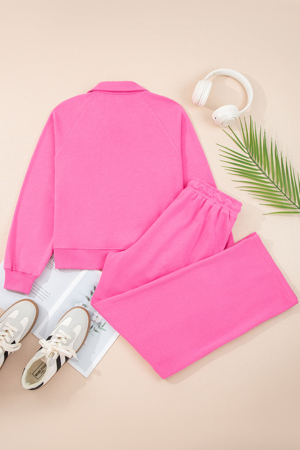 Sachet Pink Solid Color Collared Pullover and Central Seam Pants Set-Two Piece Sets/Pant Sets-[Adult]-[Female]-2022 Online Blue Zone Planet