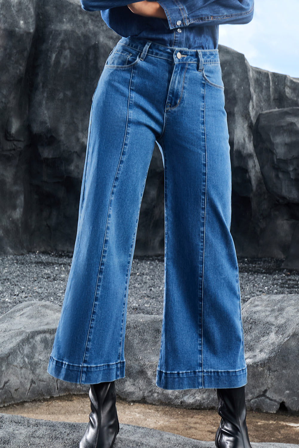 Dark Blue Plain Seam Detail Flared Bottom Ankle Length Jeans-Bottoms/Jeans-[Adult]-[Female]-2022 Online Blue Zone Planet