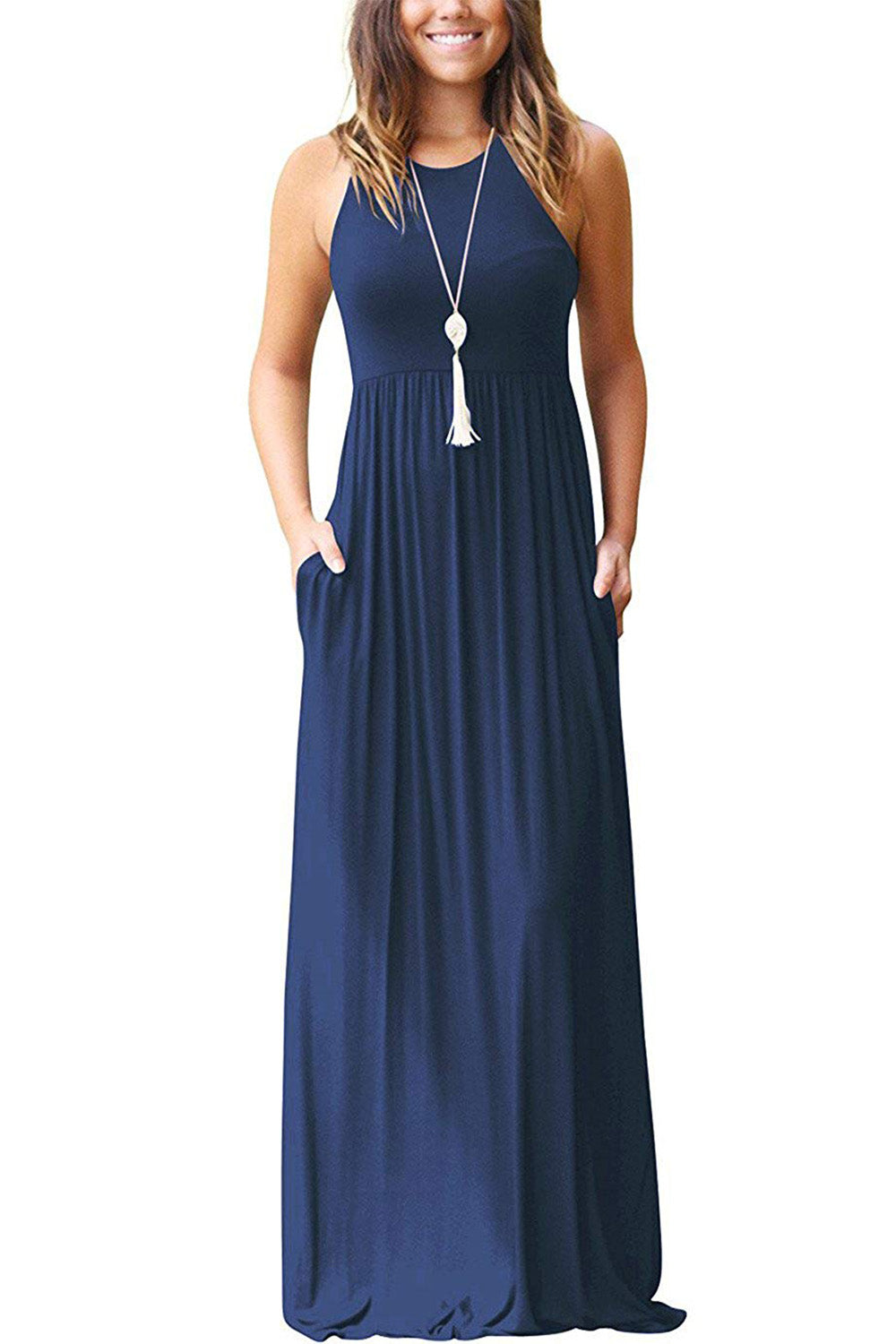 Blue Zone Planet | Full Size Grecian Neck Dress with Pockets-TOPS / DRESSES-[Adult]-[Female]-Navy-S-2022 Online Blue Zone Planet