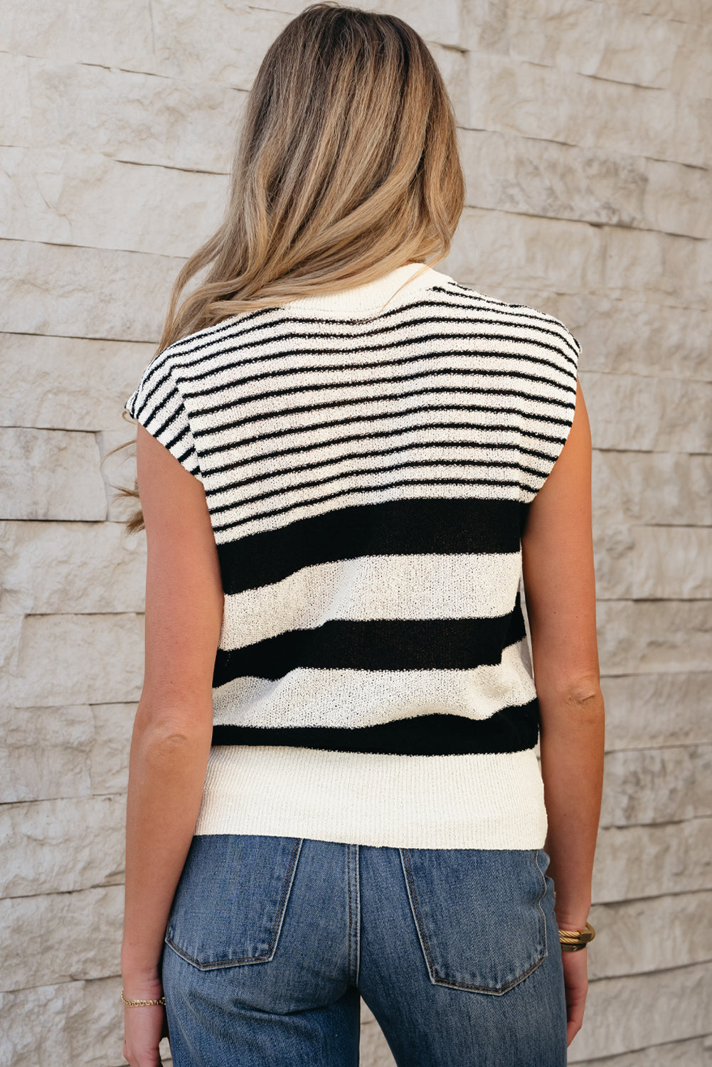 Black white Striped O Neck Sweater Vest-Sweaters & Cardigans/Sweater Vests-[Adult]-[Female]-2022 Online Blue Zone Planet