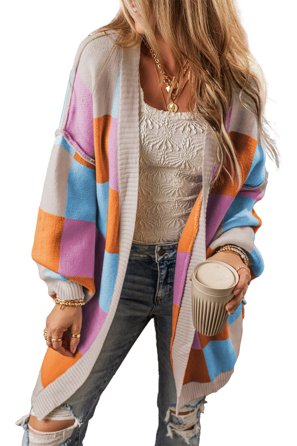 Blue Zone Planet | Orange Checkered Drop Shoulder Exposed Seam Open Front Cardigan-Cardigans-[Adult]-[Female]-2022 Online Blue Zone Planet