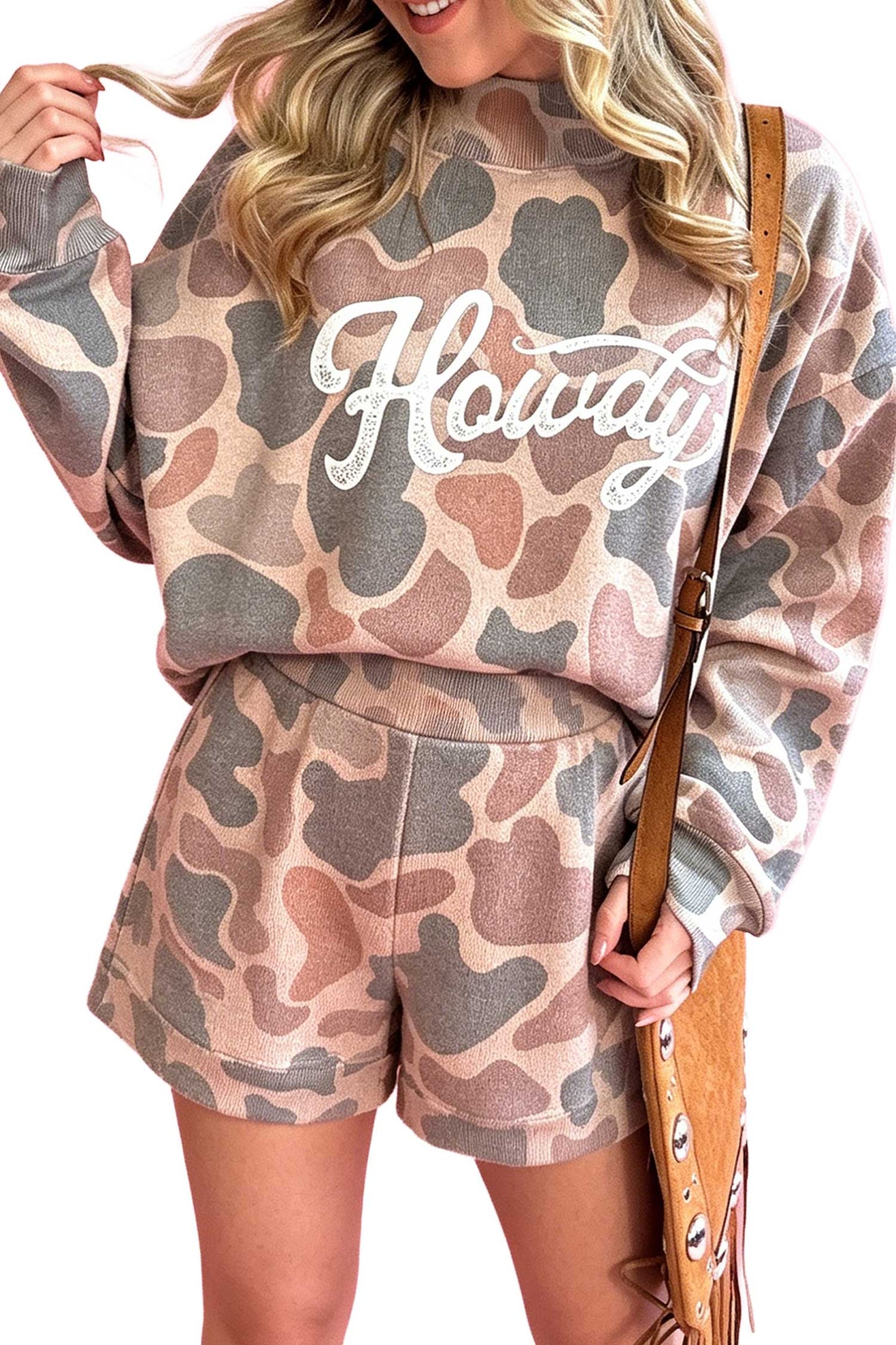 Multicolour Howdy Camouflage High Neck Long Sleeve Top and Shorts Set-Two Piece Sets/Short Sets-[Adult]-[Female]-2022 Online Blue Zone Planet