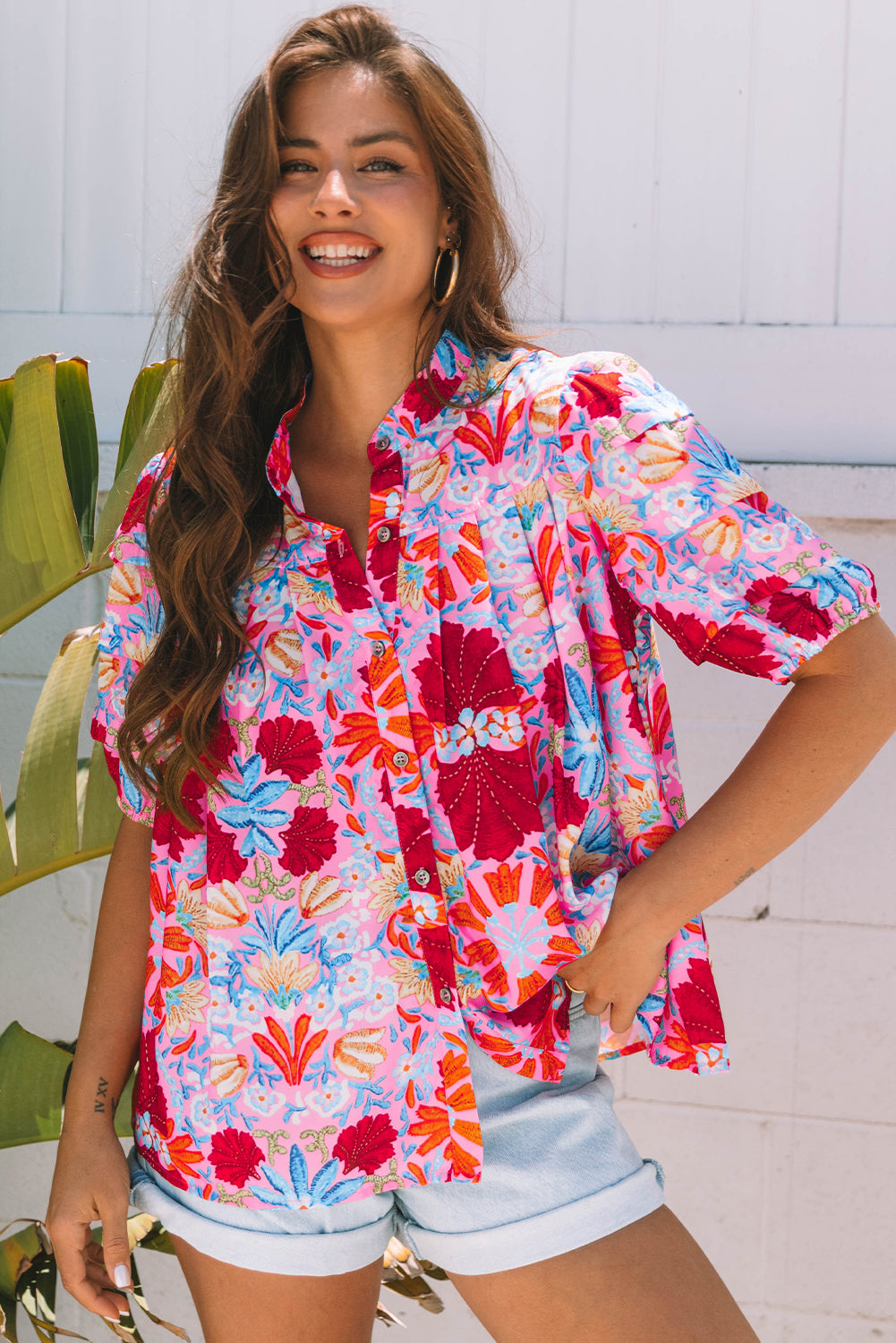 Pink Floral Print Bubble Sleeve Button Up Pleated Shirt-Tops/Blouses & Shirts-[Adult]-[Female]-2022 Online Blue Zone Planet