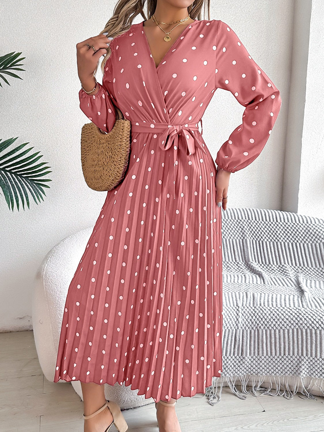 Blue Zone Planet | Tied Polka Dot Long Sleeve Midi Dress-TOPS / DRESSES-[Adult]-[Female]-2022 Online Blue Zone Planet