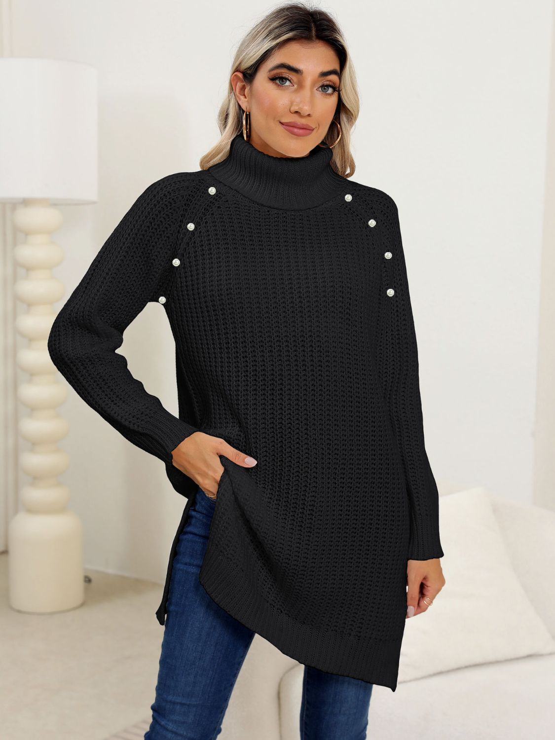 Slit Turtleneck Long Sleeve Sweater-TOPS / DRESSES-[Adult]-[Female]-2022 Online Blue Zone Planet