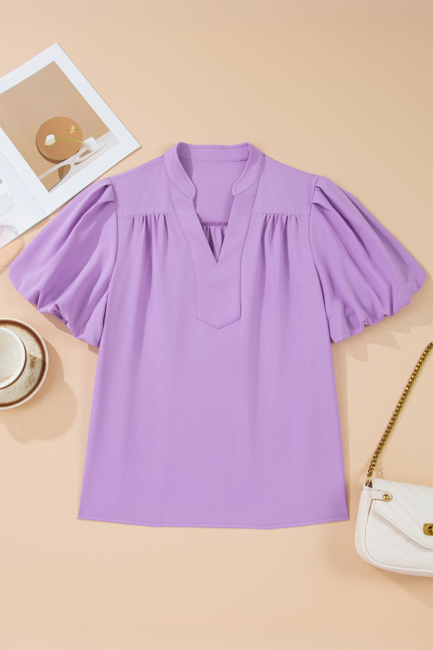 Phalaenopsis V Neck Puff Sleeve Summer Blouse-Tops/Blouses & Shirts-[Adult]-[Female]-2022 Online Blue Zone Planet