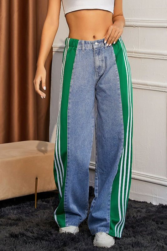 Contrast Side Striped Wide Leg Jeans-BOTTOMS SIZES SMALL MEDIUM LARGE-[Adult]-[Female]-Green-S-2022 Online Blue Zone Planet